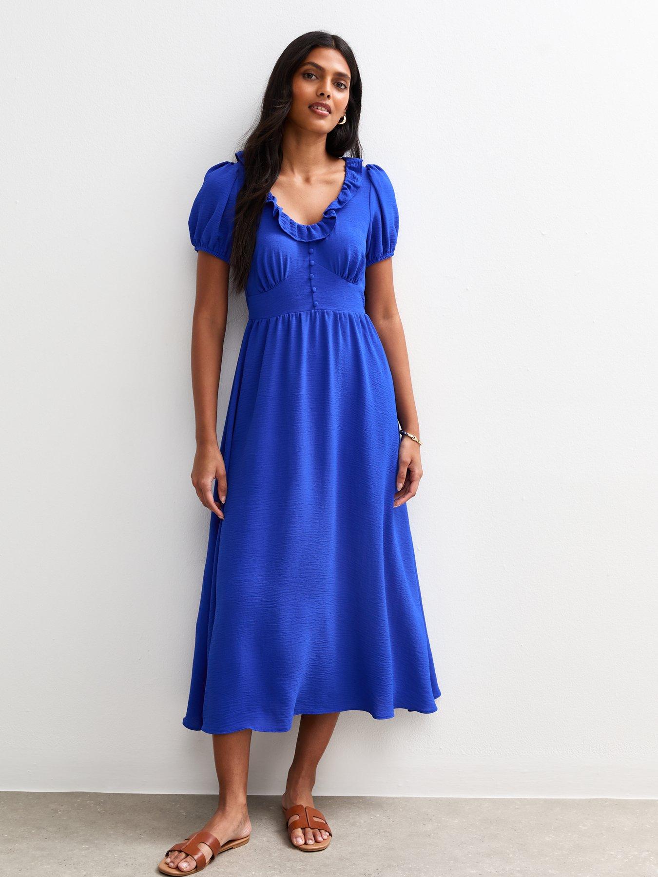 new-look-bright-blue-ruffle-trim-v-neck-midi-dress