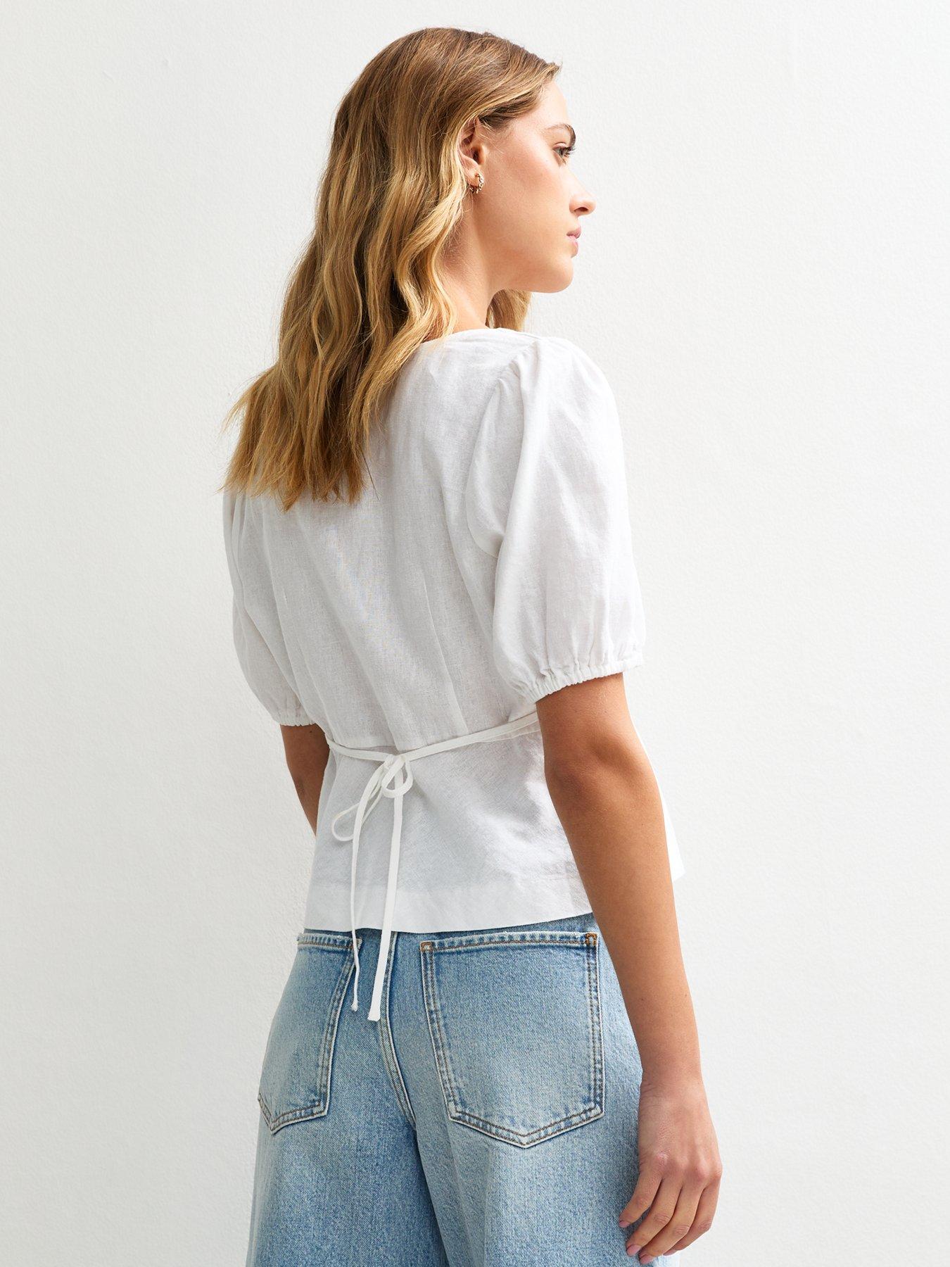 Image 2 of 4 of New Look White Linen Blend Button Up Peplum Top