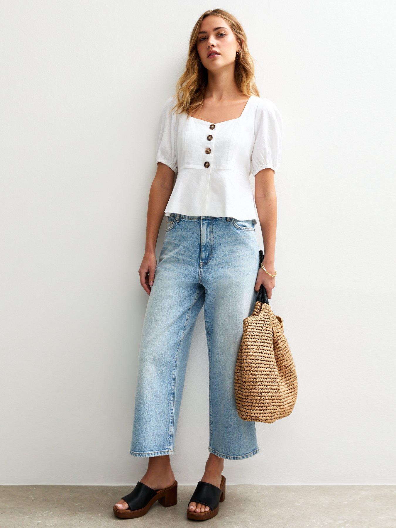 Image 3 of 4 of New Look White Linen Blend Button Up Peplum Top