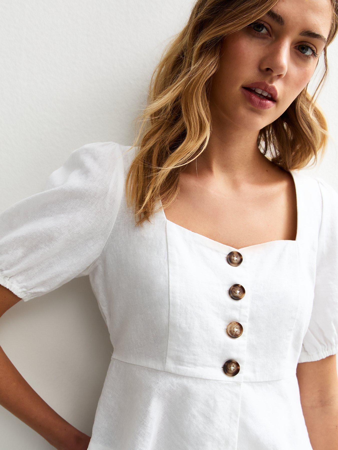 Image 4 of 4 of New Look White Linen Blend Button Up Peplum Top