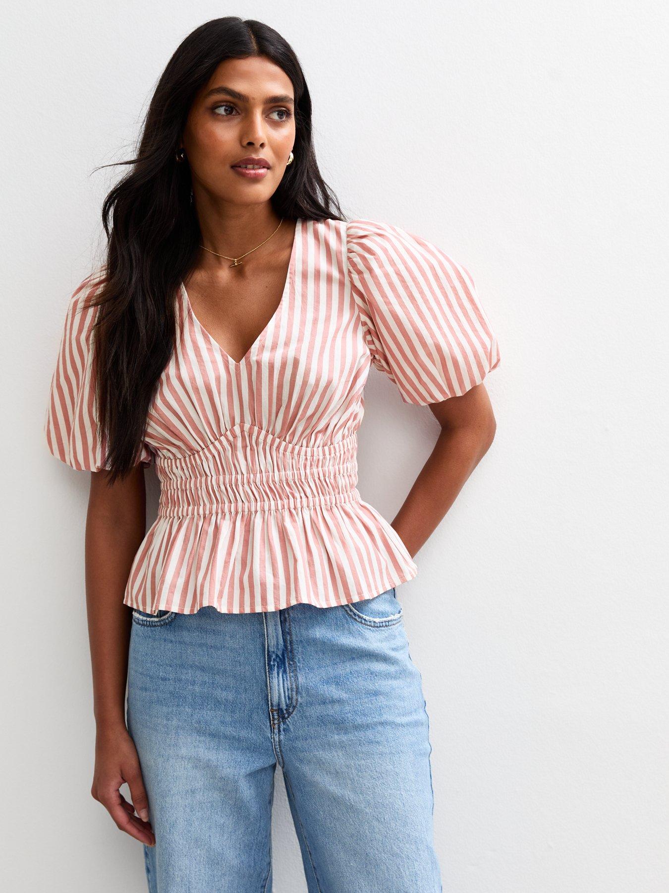 new-look-striped-shirred-waist-puff-sleeve-top-pink