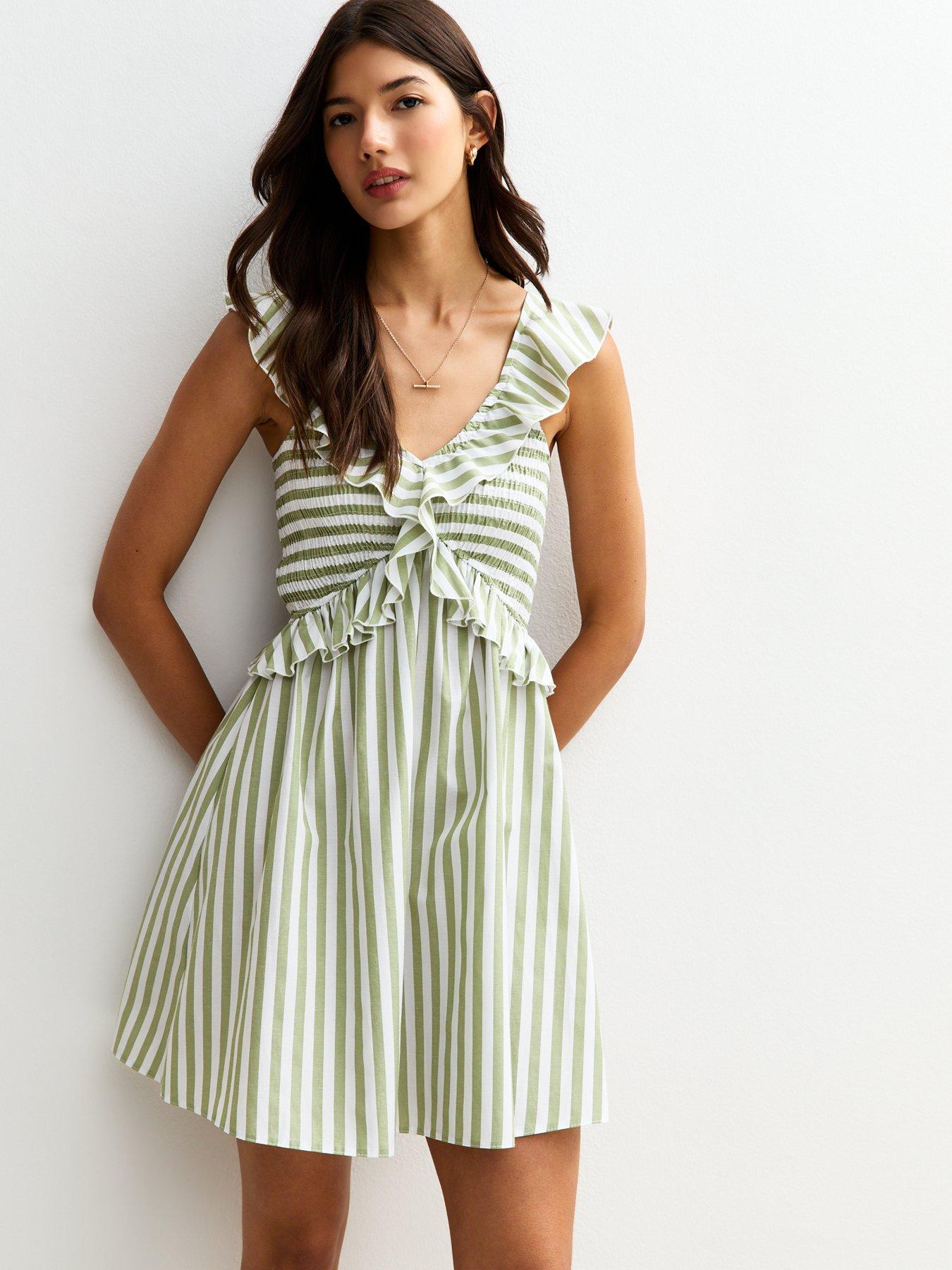 New Look Green Striped Print Ruffle Trim Shirred Mini Dress