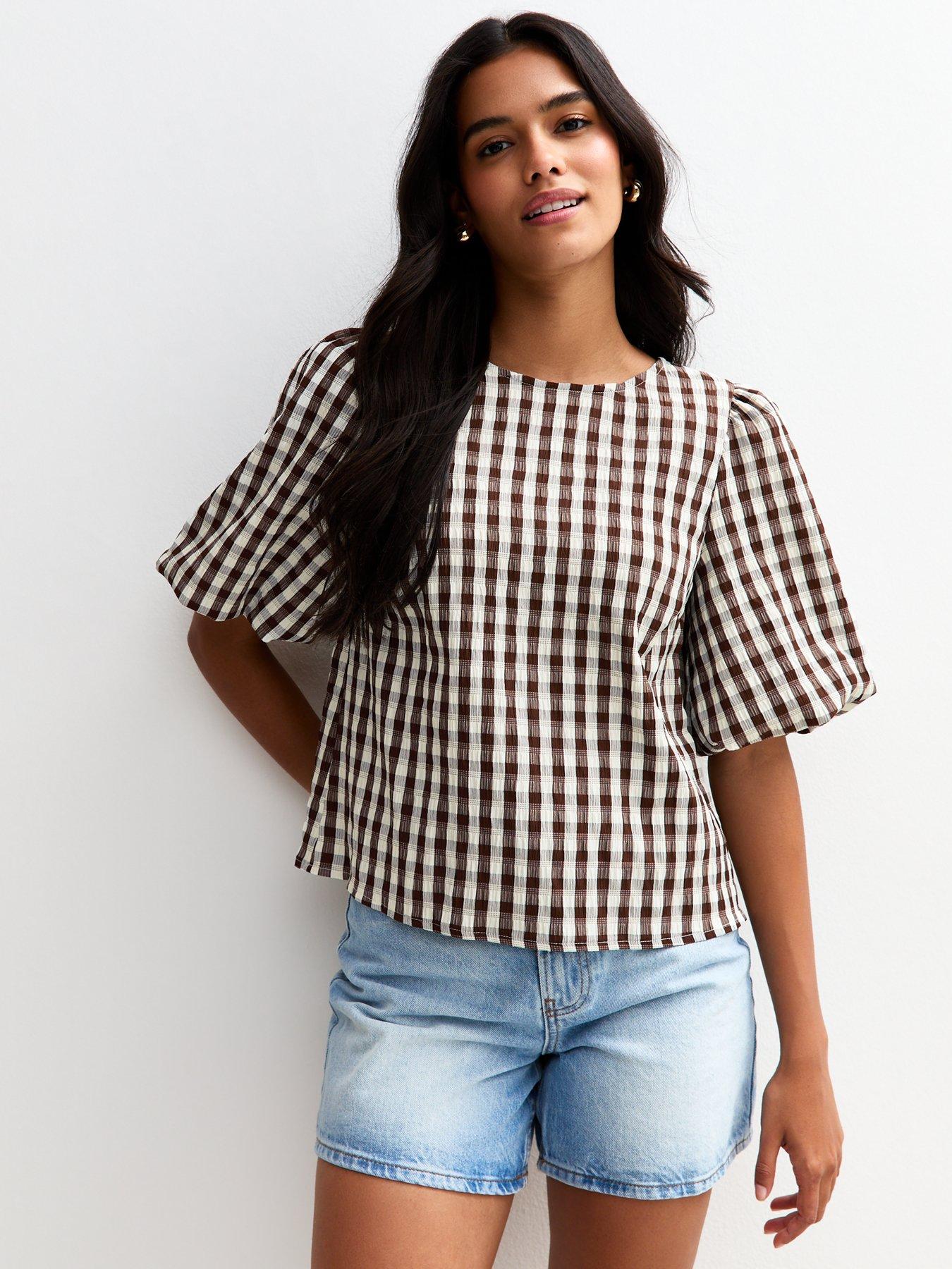 new-look-brown-check-pattern-bow-back-puff-sleeve-top
