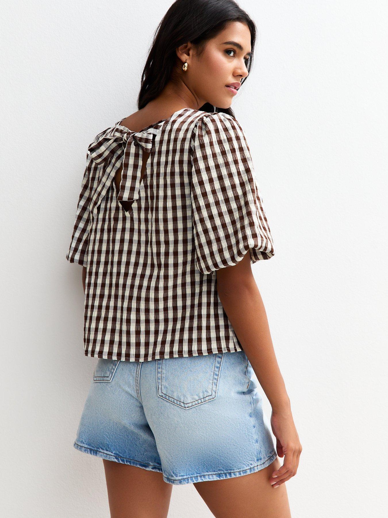 new-look-brown-check-pattern-bow-back-puff-sleeve-topstillFront