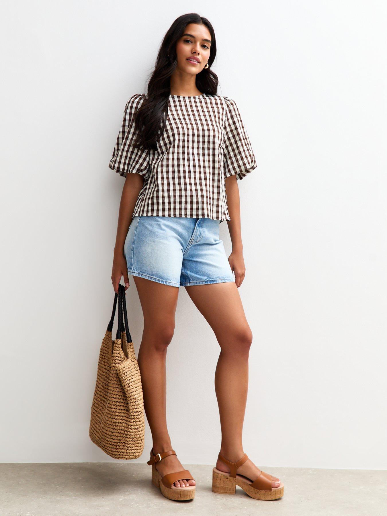 new-look-brown-check-pattern-bow-back-puff-sleeve-topback