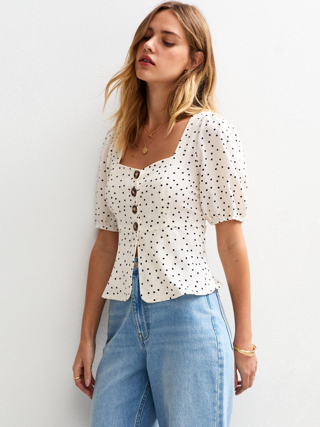 Image 1 of 4 of New Look White Polka Dot Puff Sleeve Top