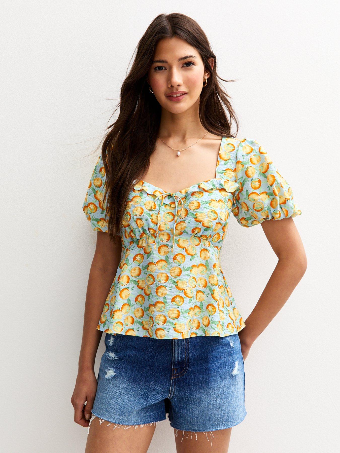 New Look Blue Crinkle Texture Orange Print Tea Blouse