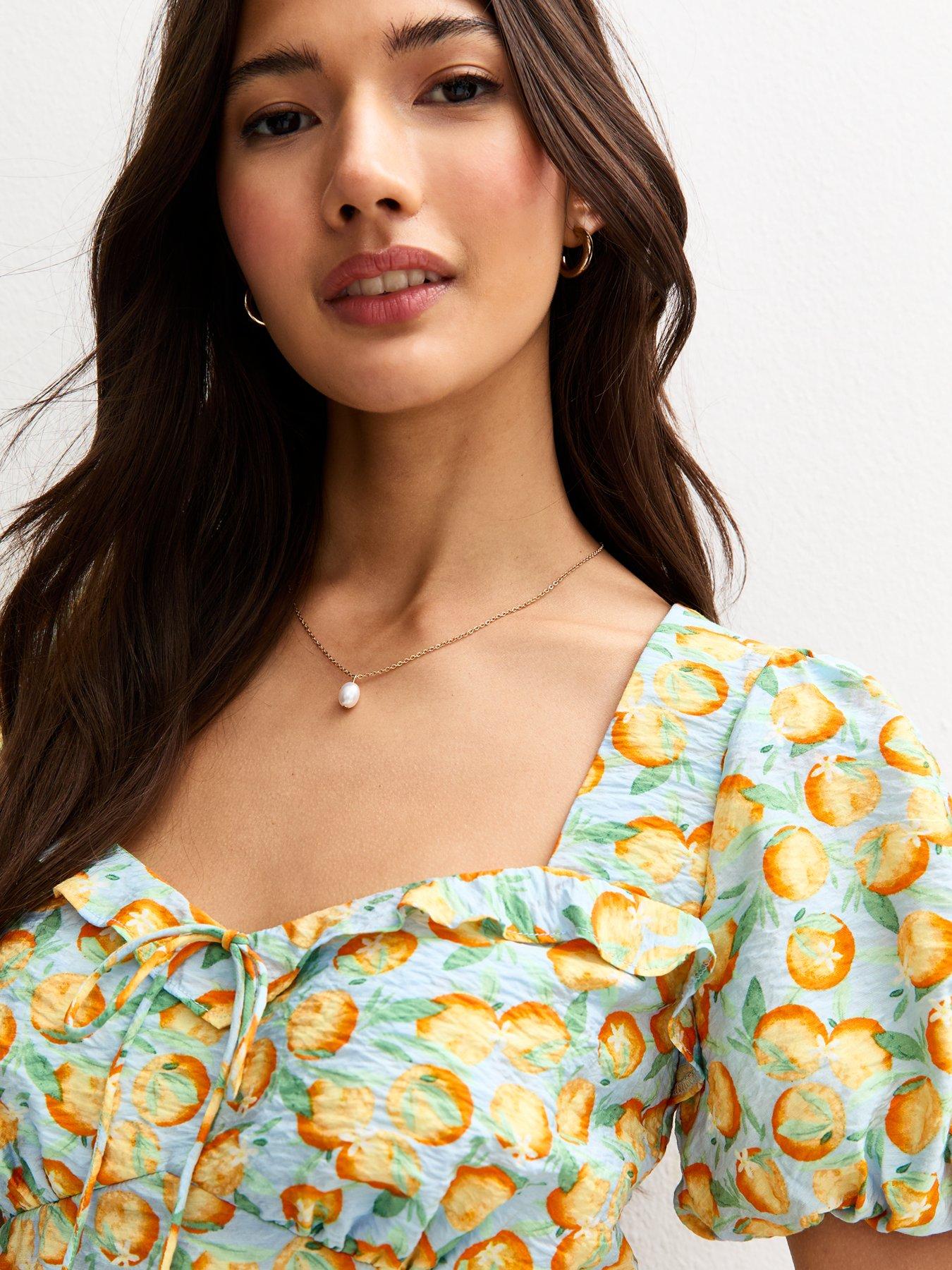 new-look-blue-crinkle-texture-orange-print-tea-blouseoutfit