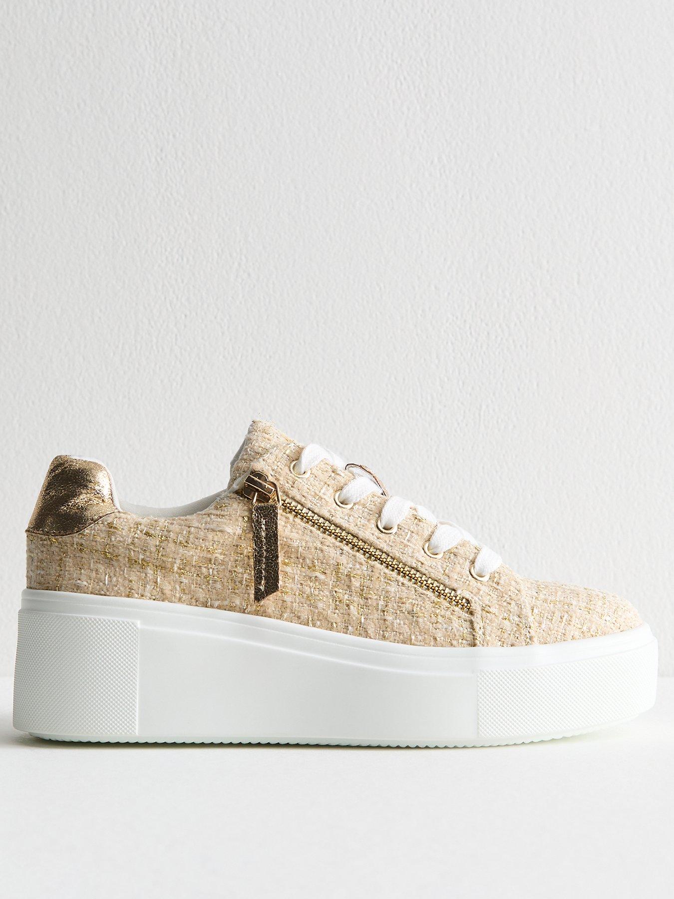Image 1 of 5 of New Look Off White Boucle Flatform Trainers