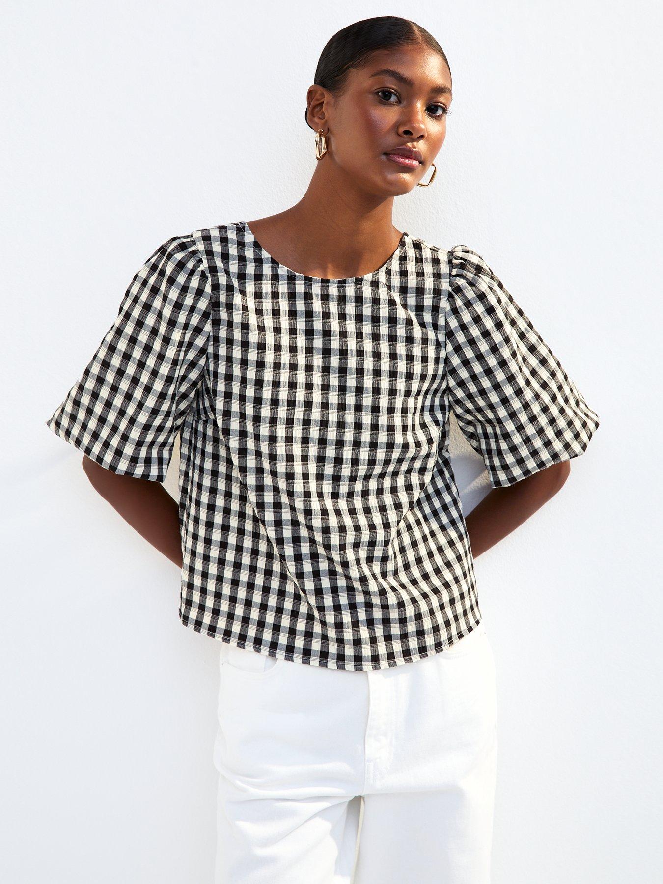 Image 1 of 5 of New Look Black Check Pattern Bow Back Puff Sleeve Top