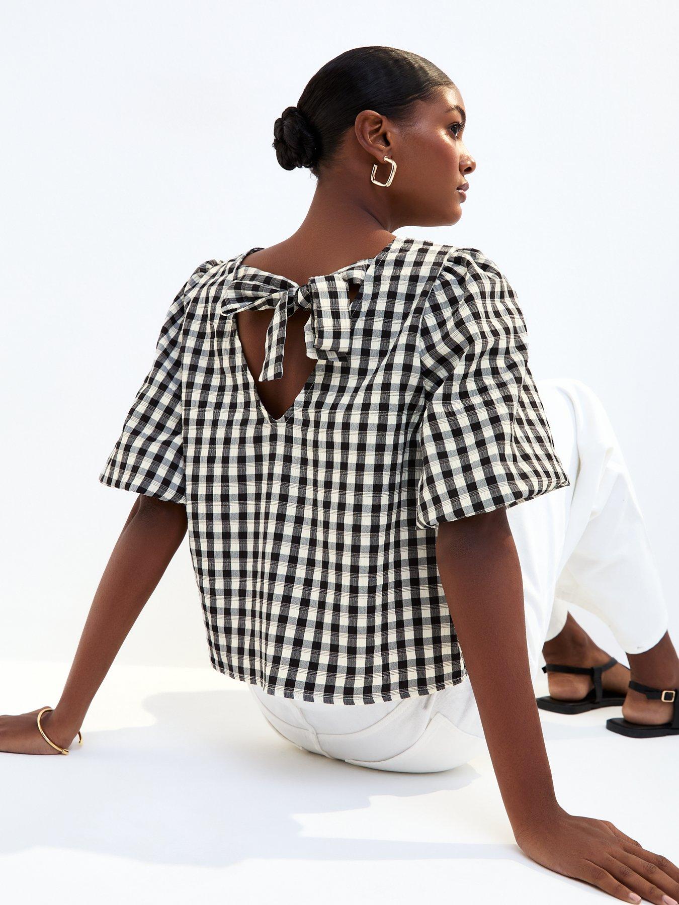 Image 2 of 5 of New Look Black Check Pattern Bow Back Puff Sleeve Top
