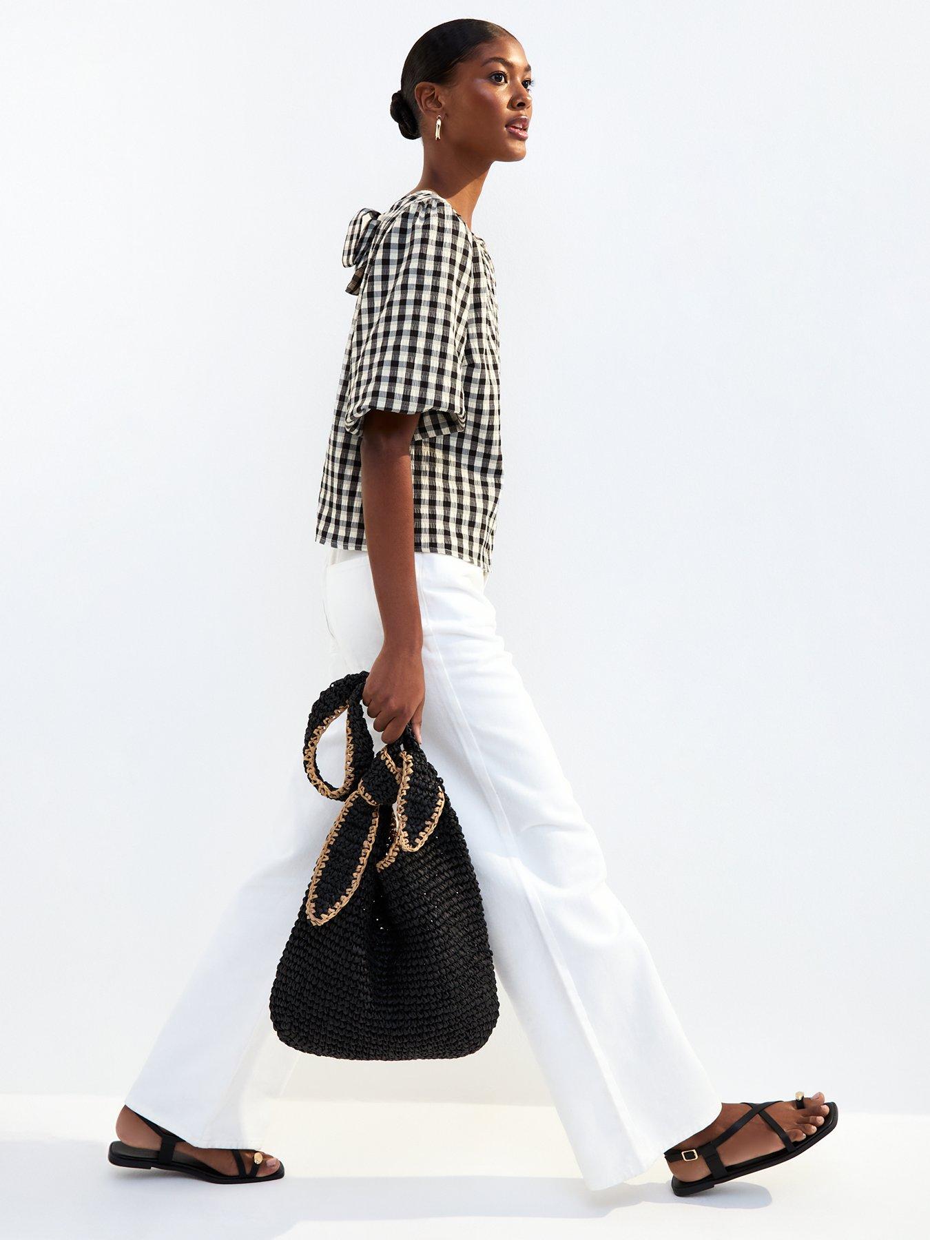 Image 3 of 5 of New Look Black Check Pattern Bow Back Puff Sleeve Top