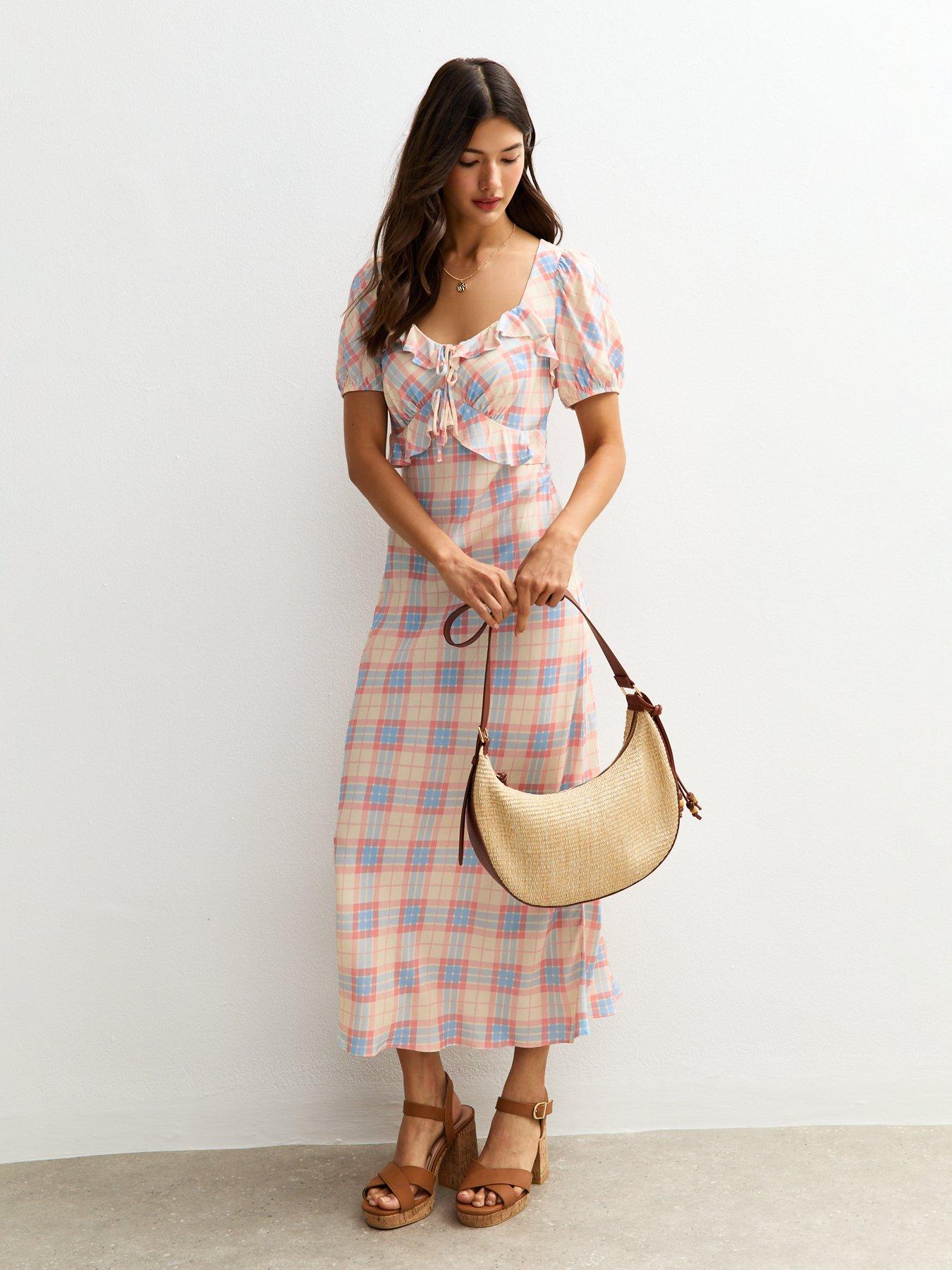 New Look Cream Check Print Ruffle Milkmaid Midi Dress