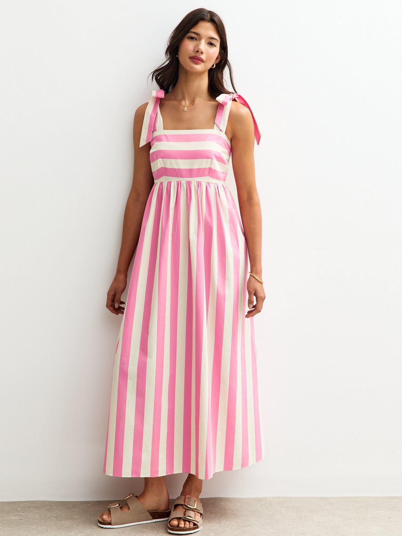 undefined Pink Candy Striped Tie Shoulder Midi Dress