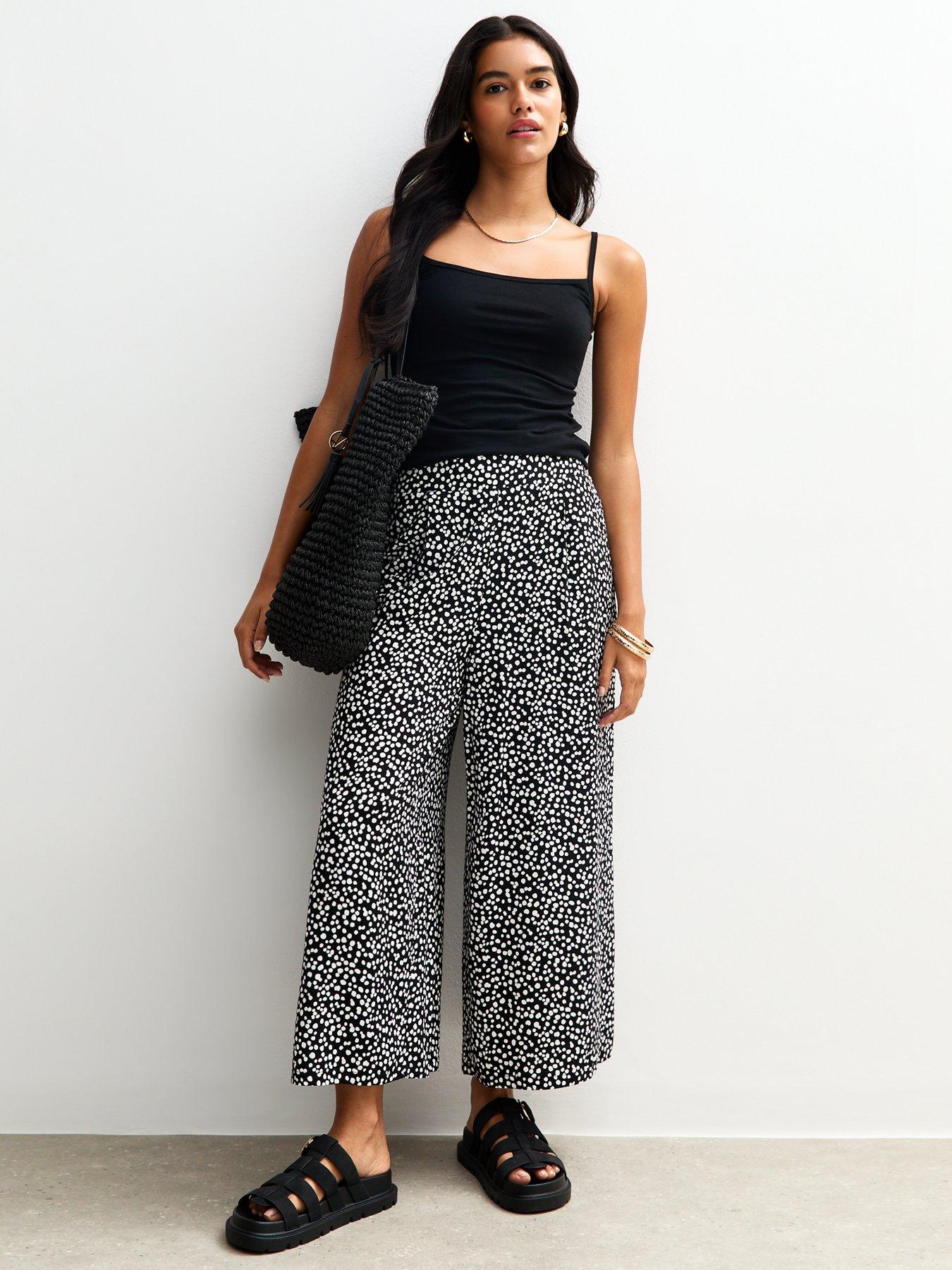 New Look Black Polka Dot Print Cropped Wide Leg Trousers
