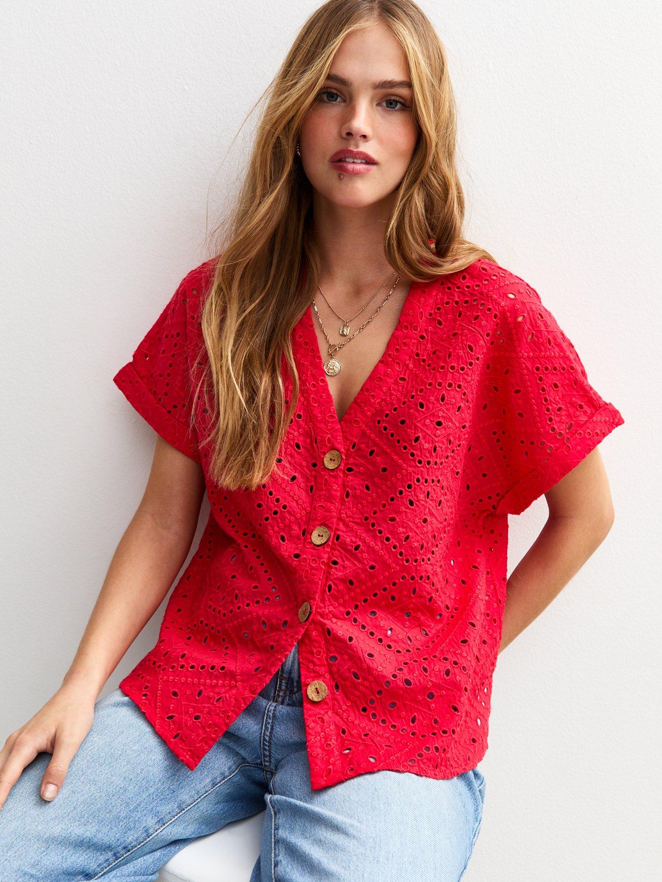 undefined Broderie Anglaise Short Sleeve Shirt - Red