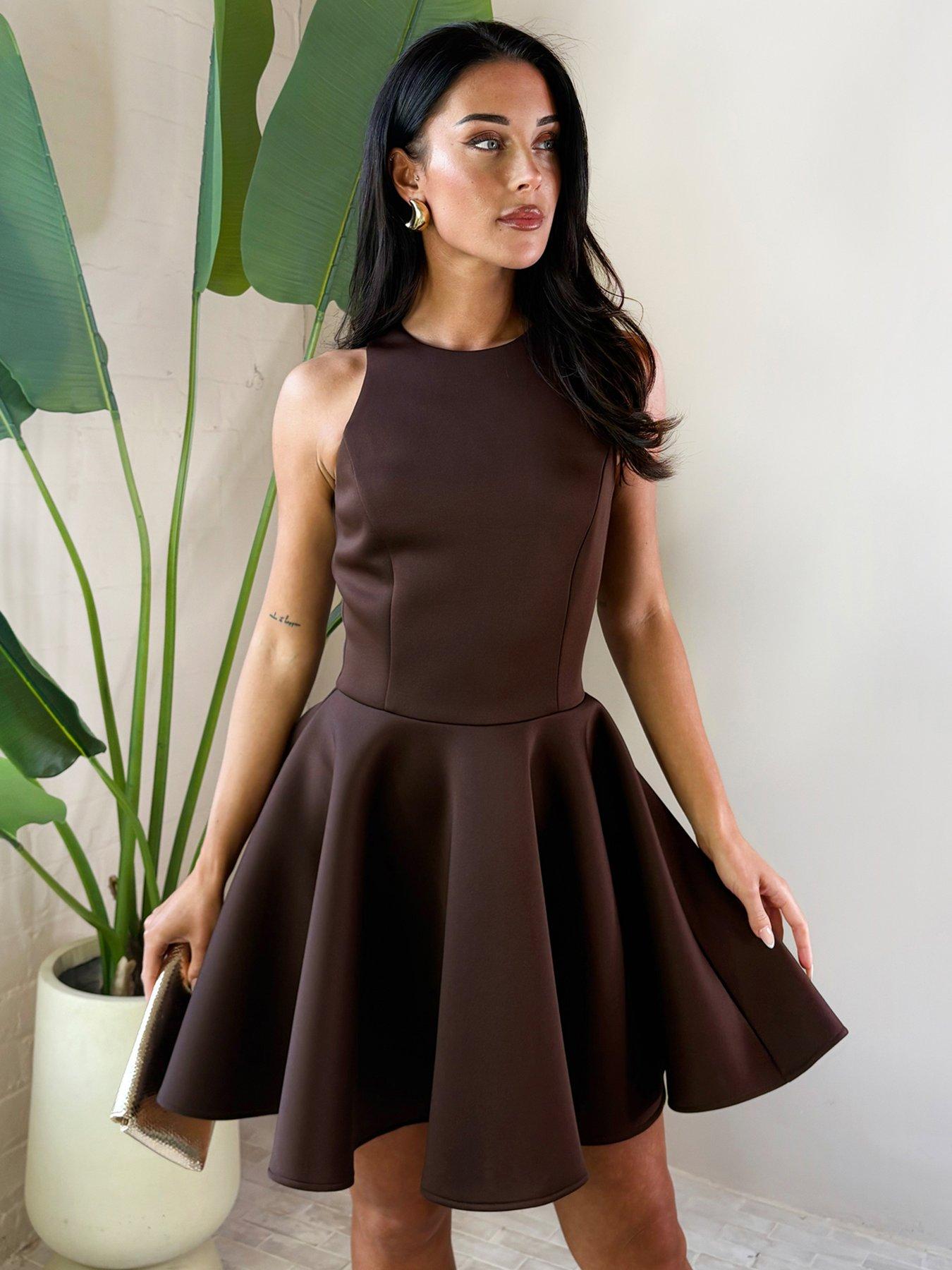 Image 3 of 4 of AX Paris Chocolate Scuba Sleeveless Skater Mini Dress - Brown