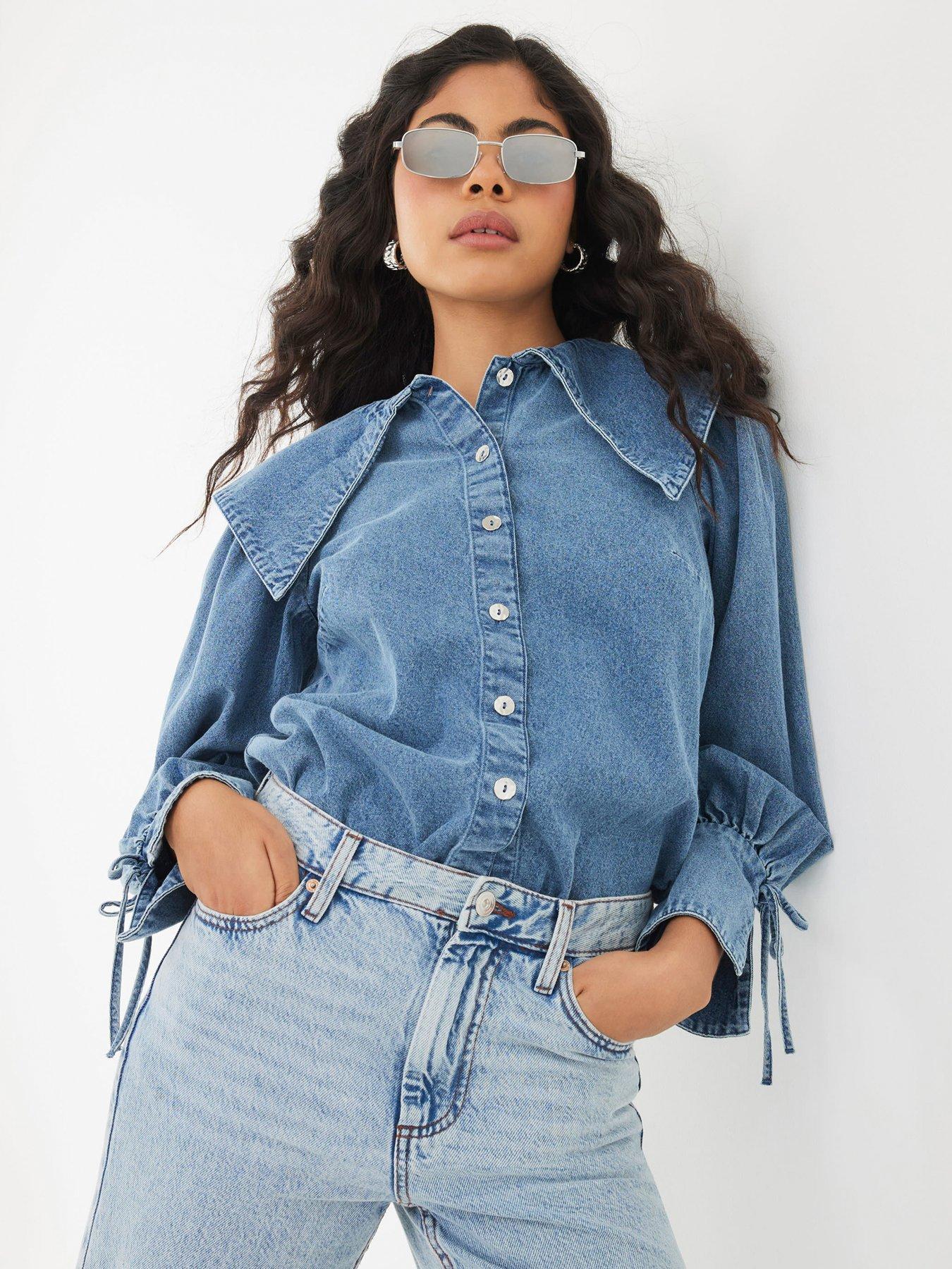 Image 1 of 4 of River Island Long Sleeve Lola Collar Denim Shirt - Blue