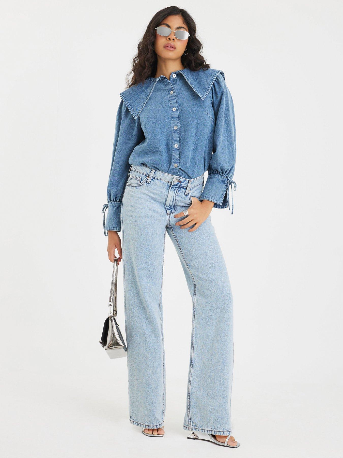 Image 3 of 4 of River Island Long Sleeve Lola Collar Denim Shirt - Blue