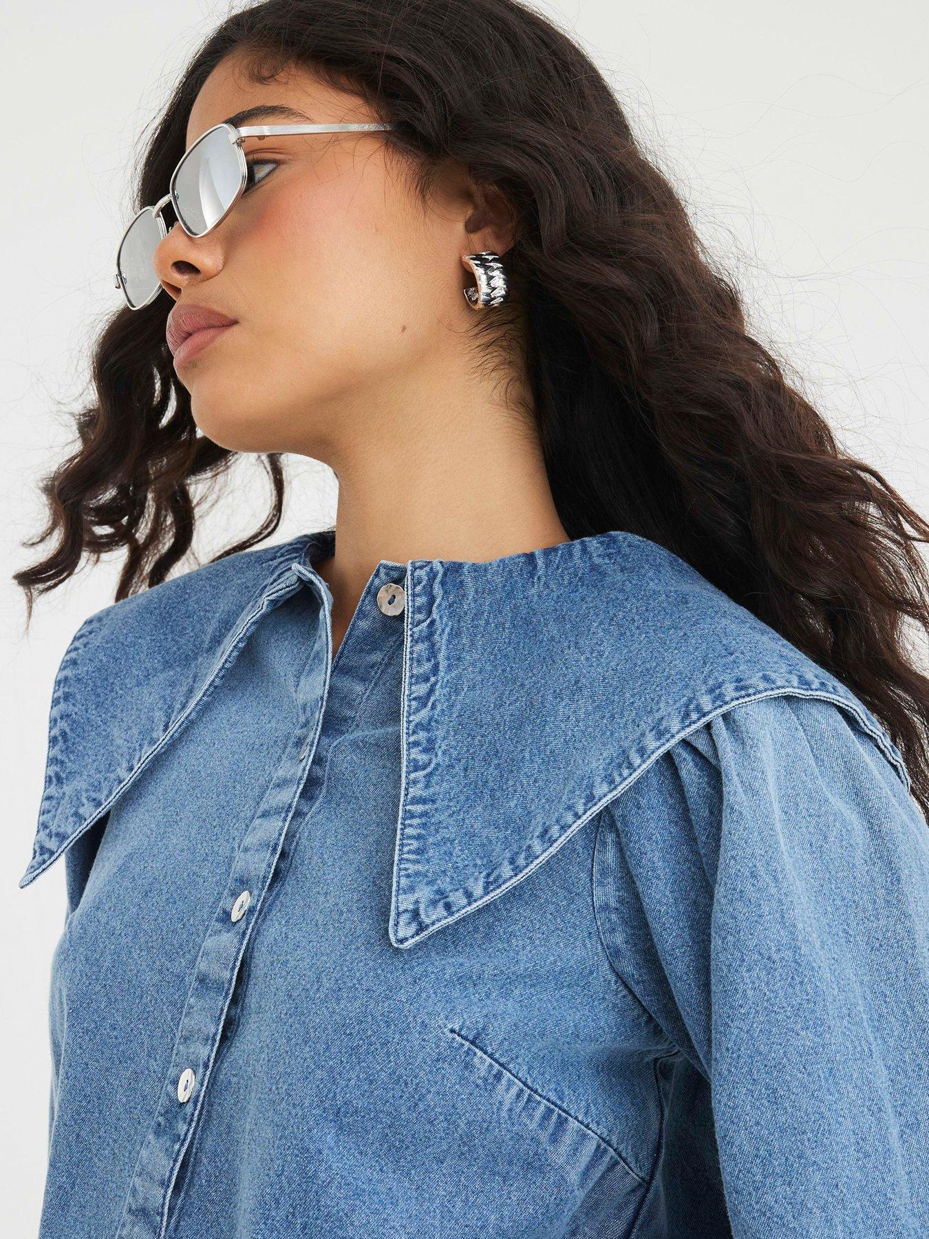 Image 4 of 4 of River Island Long Sleeve Lola Collar Denim Shirt - Blue