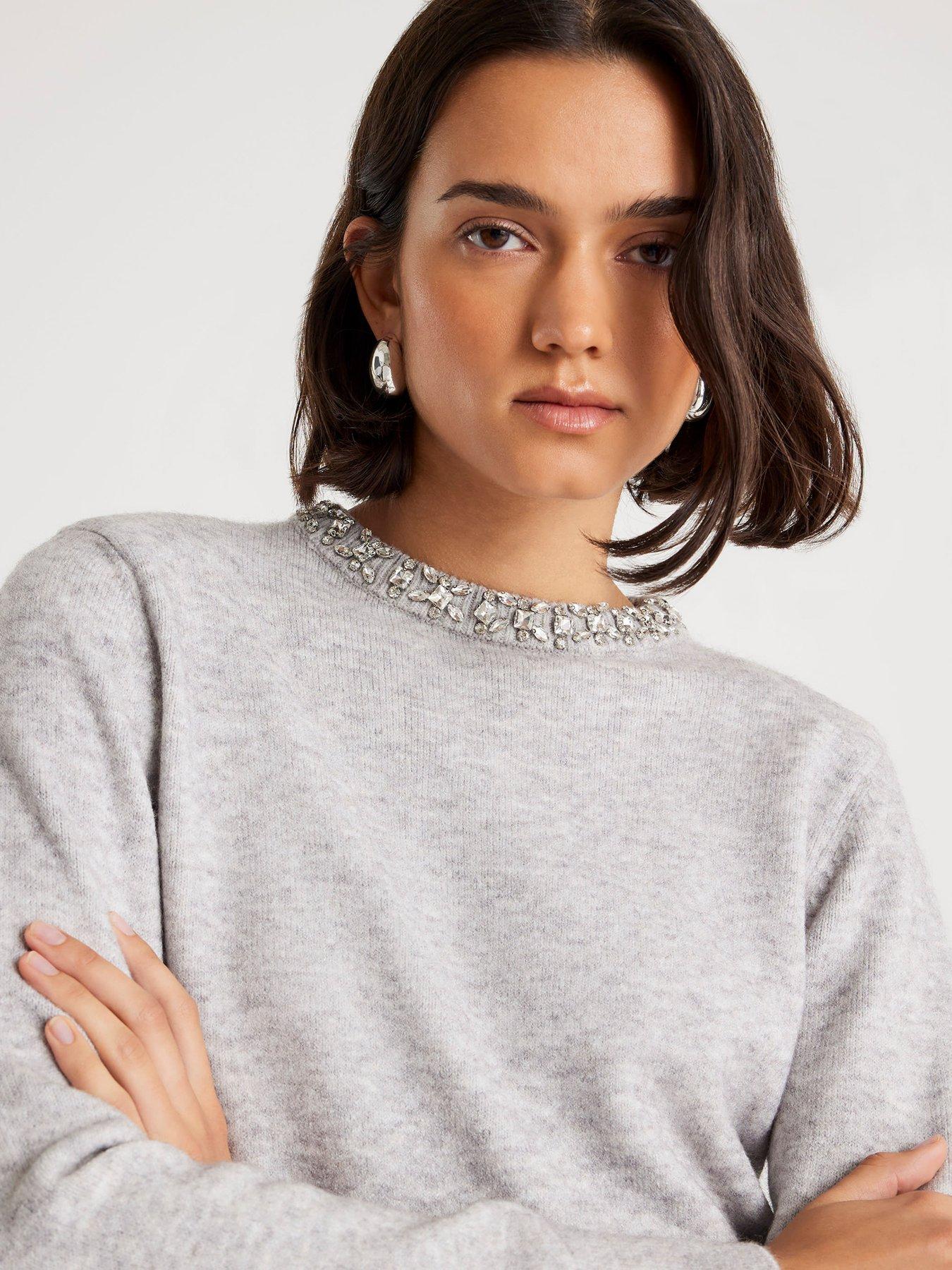 River Island Crew Neck Embellished Trim Jumper - Grey