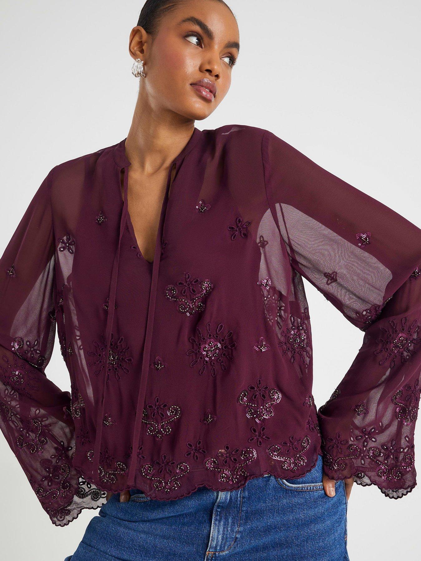 River Island Long Sleeve Chiffon Cutwork Blouse - Red