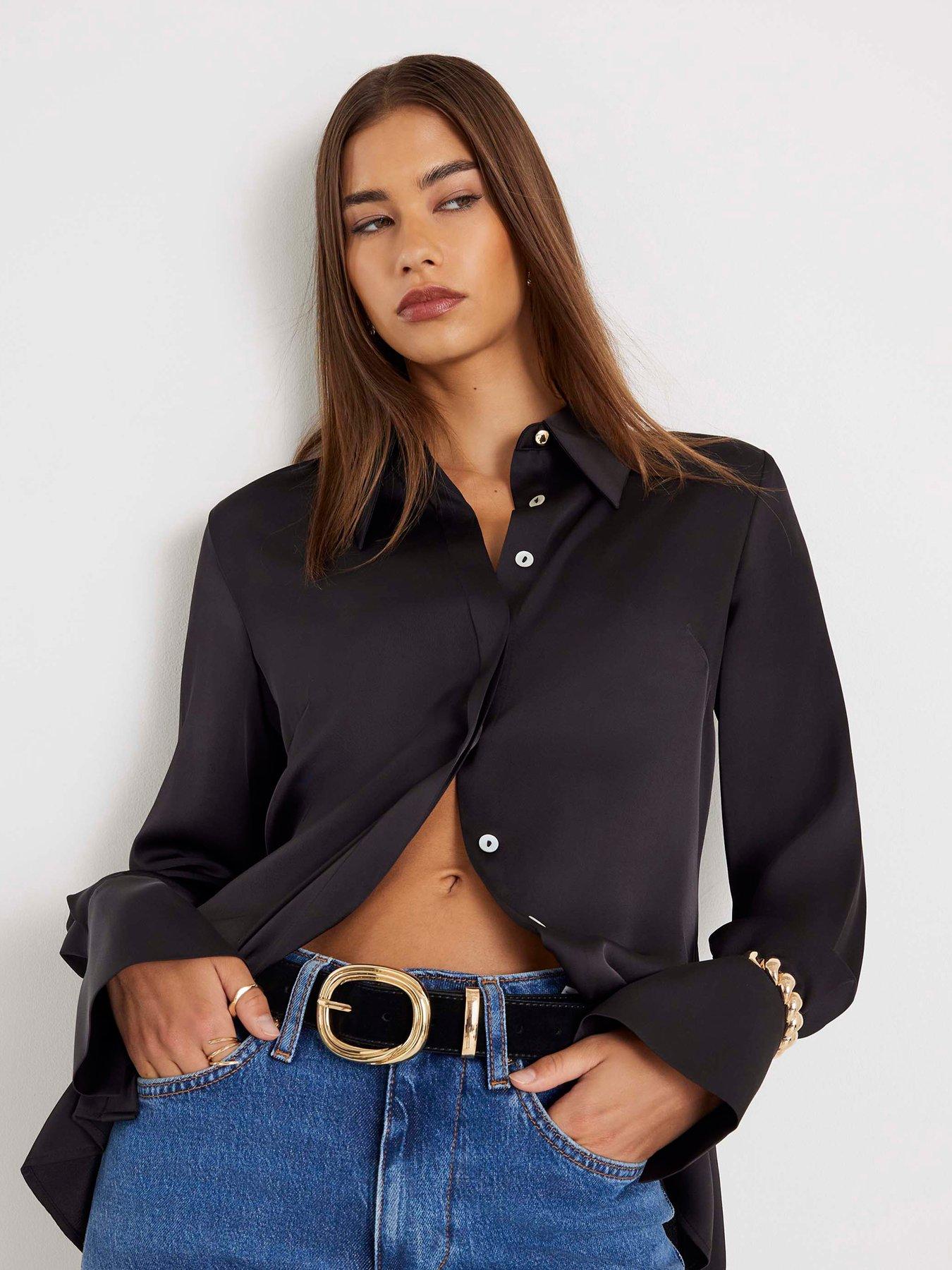 River Island Long Sleeve Slimline Satin Shirt - Black