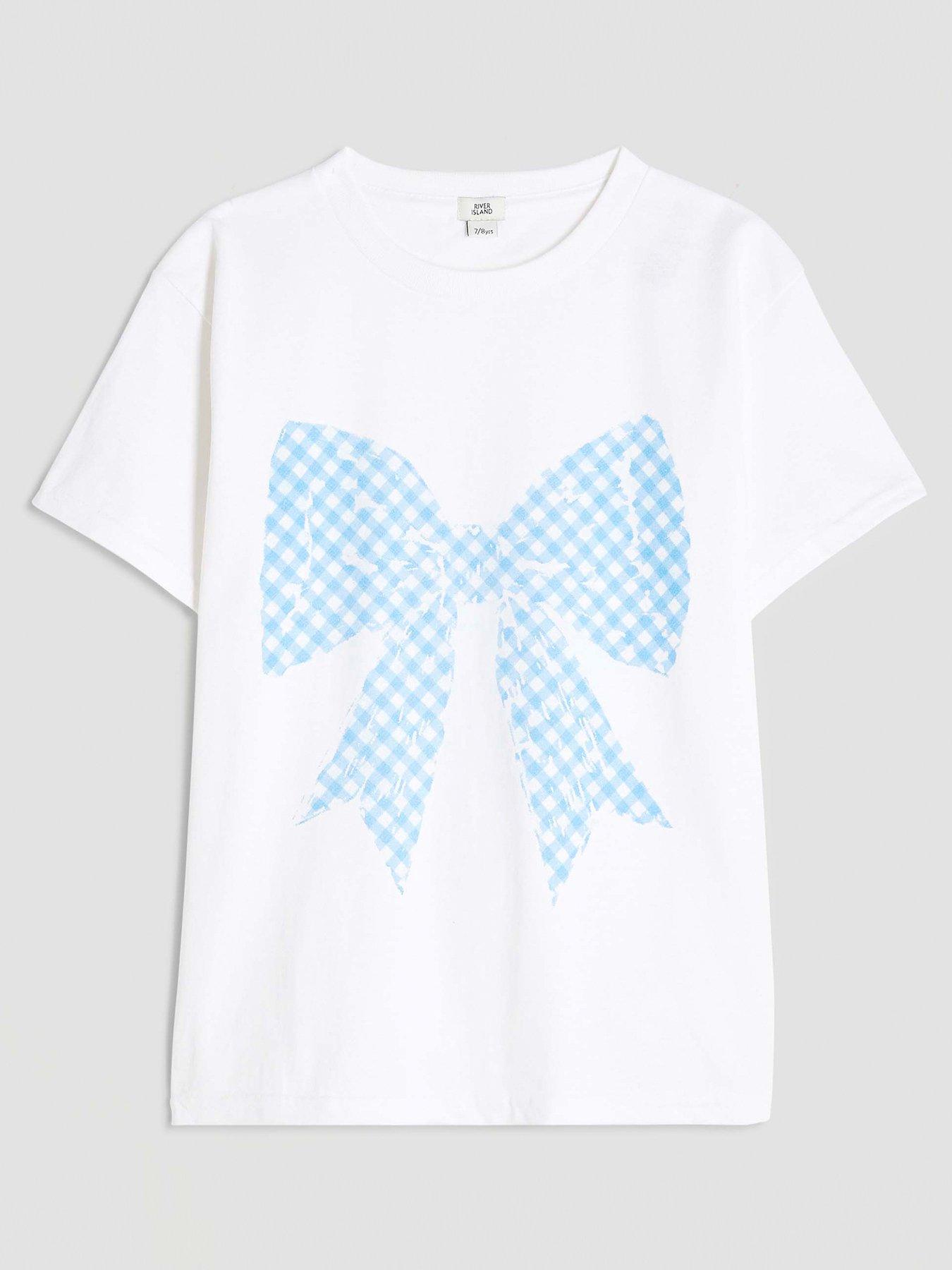 Image 1 of 5 of River Island Older Girl Gingham Bow T-Shirt - White