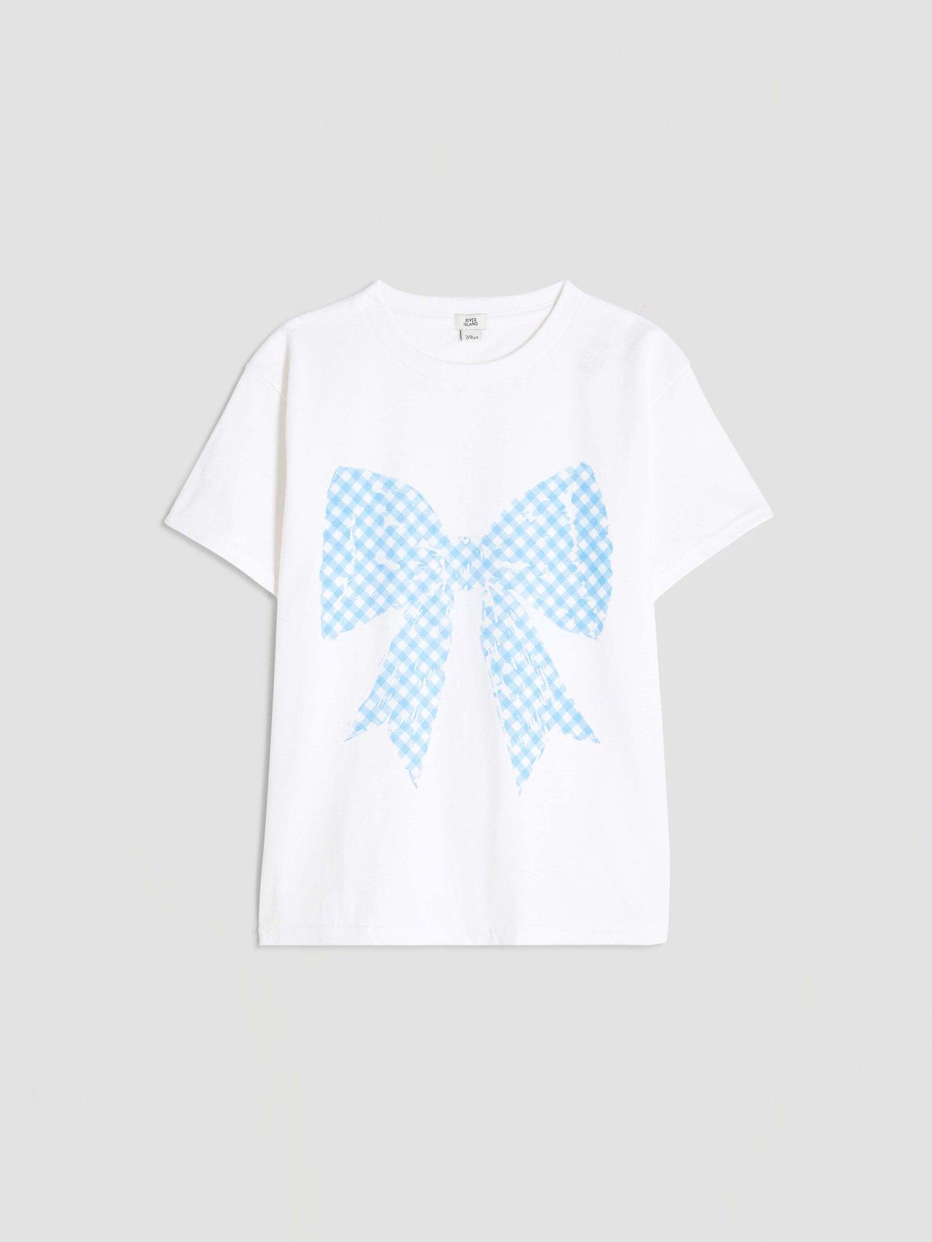 Image 2 of 5 of River Island Older Girl Gingham Bow T-Shirt - White