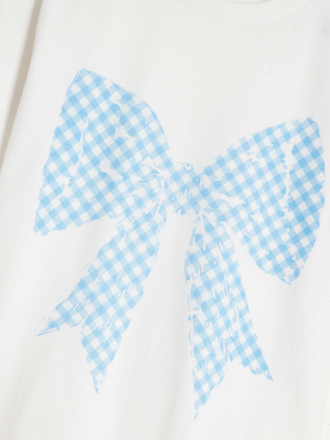 Image 4 of 5 of River Island Older Girl Gingham Bow T-Shirt - White