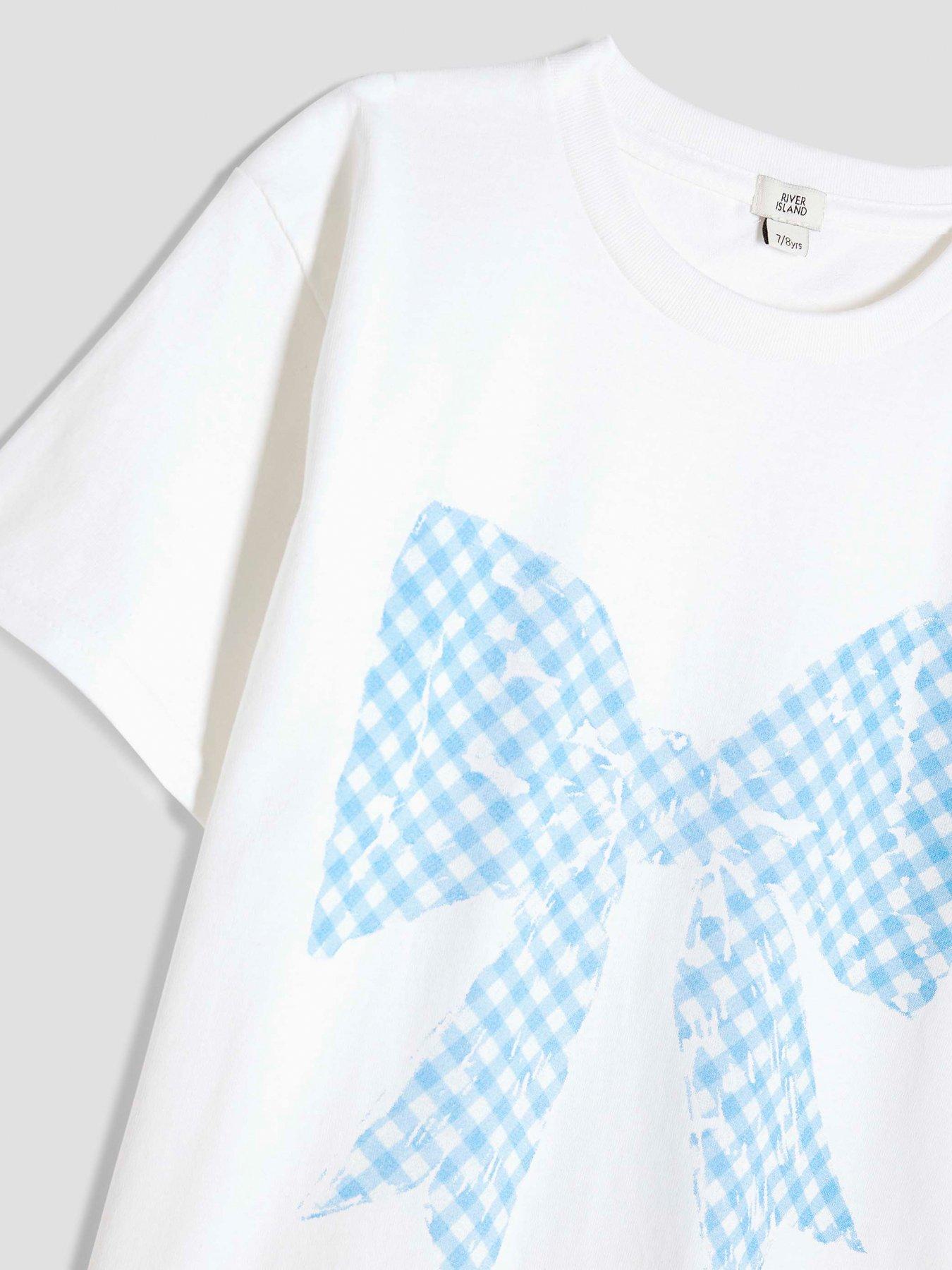 Image 5 of 5 of River Island Older Girl Gingham Bow T-Shirt - White