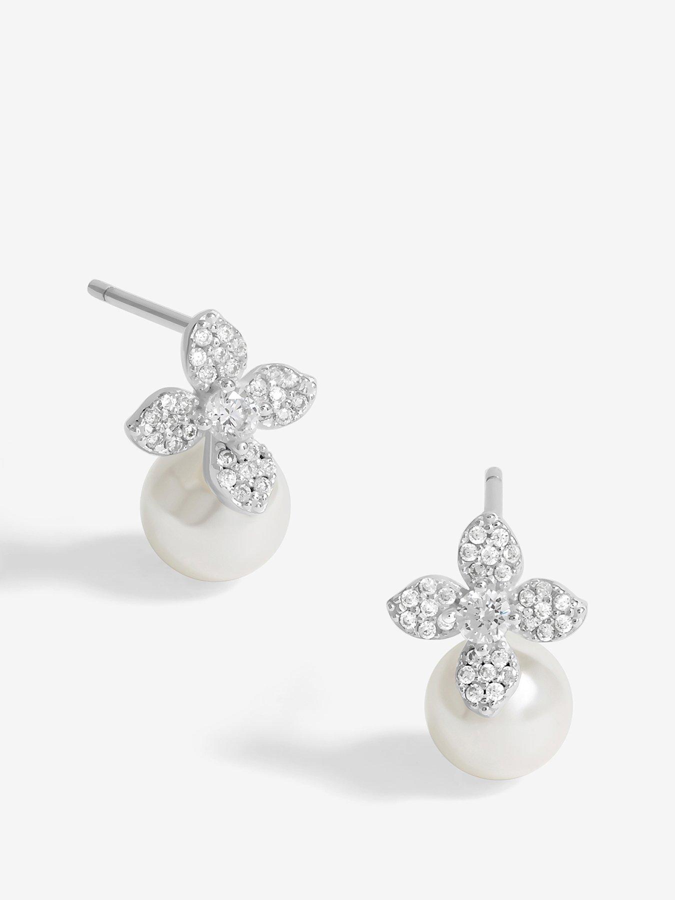 undefined Simply Silver Sterling Silver 925 Cubic Zirconia Flower and Pearl Drop Stud Earrings