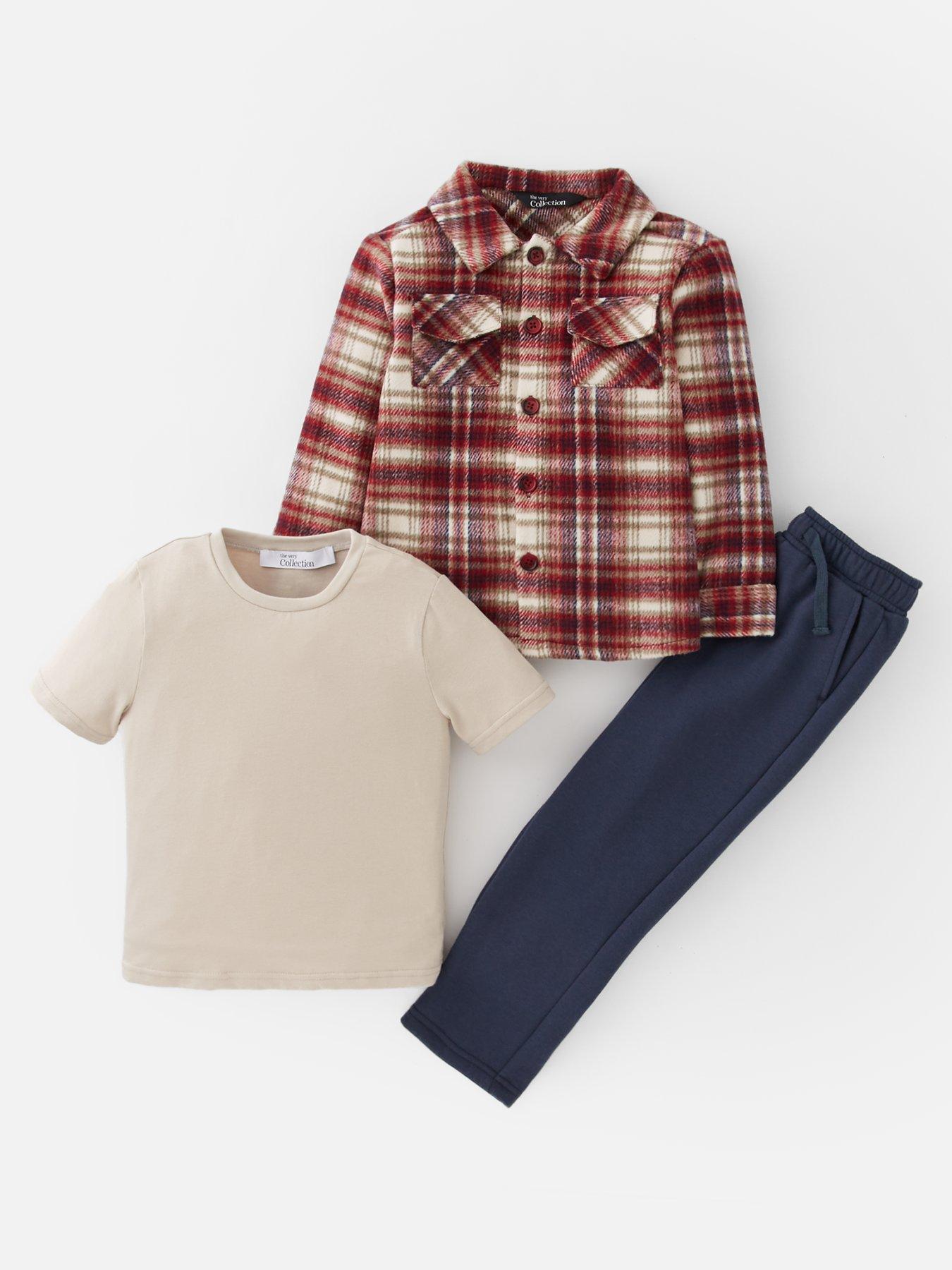 Image 1 of 4 of The Very Collection Boys 3 Piece Brushed Check Shacket Tshirt And Joggers Set - Multi