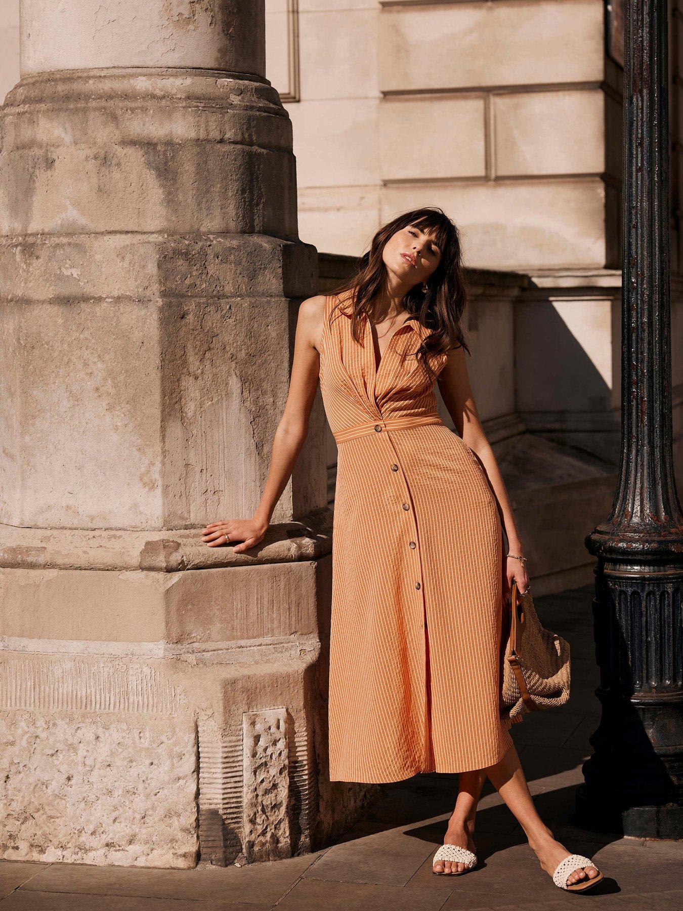 Mint Velvet Twist Stripe Midi Dress - Orange