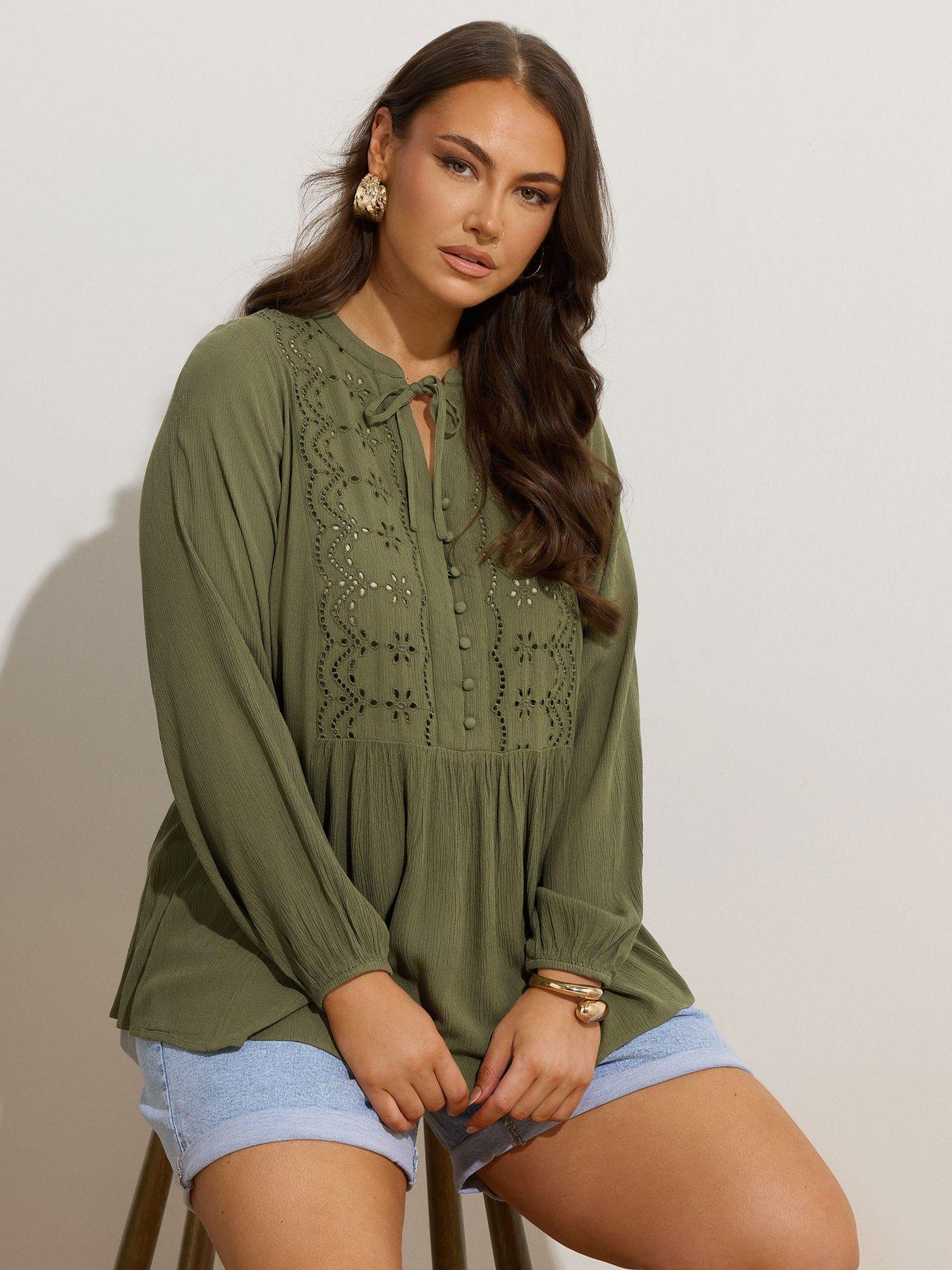 Yours Curve Broderie Tie Neck Blouse - Green