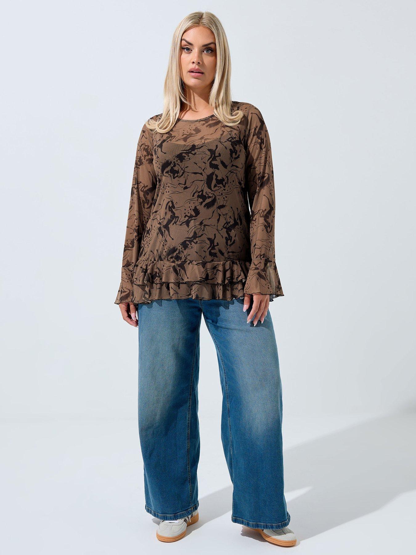yours-curve-frill-mesh-blouse-brownback