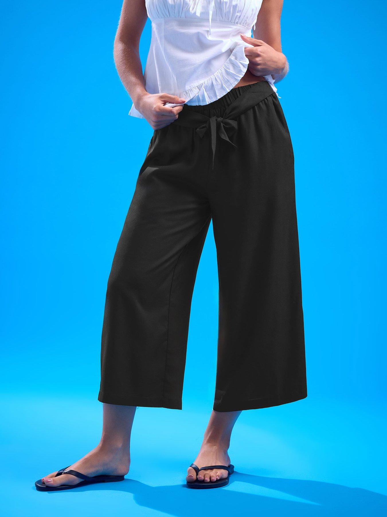 Image 1 of 5 of PixieGirl Petite Tie Belt Crop Wide Leg Trousers - Black