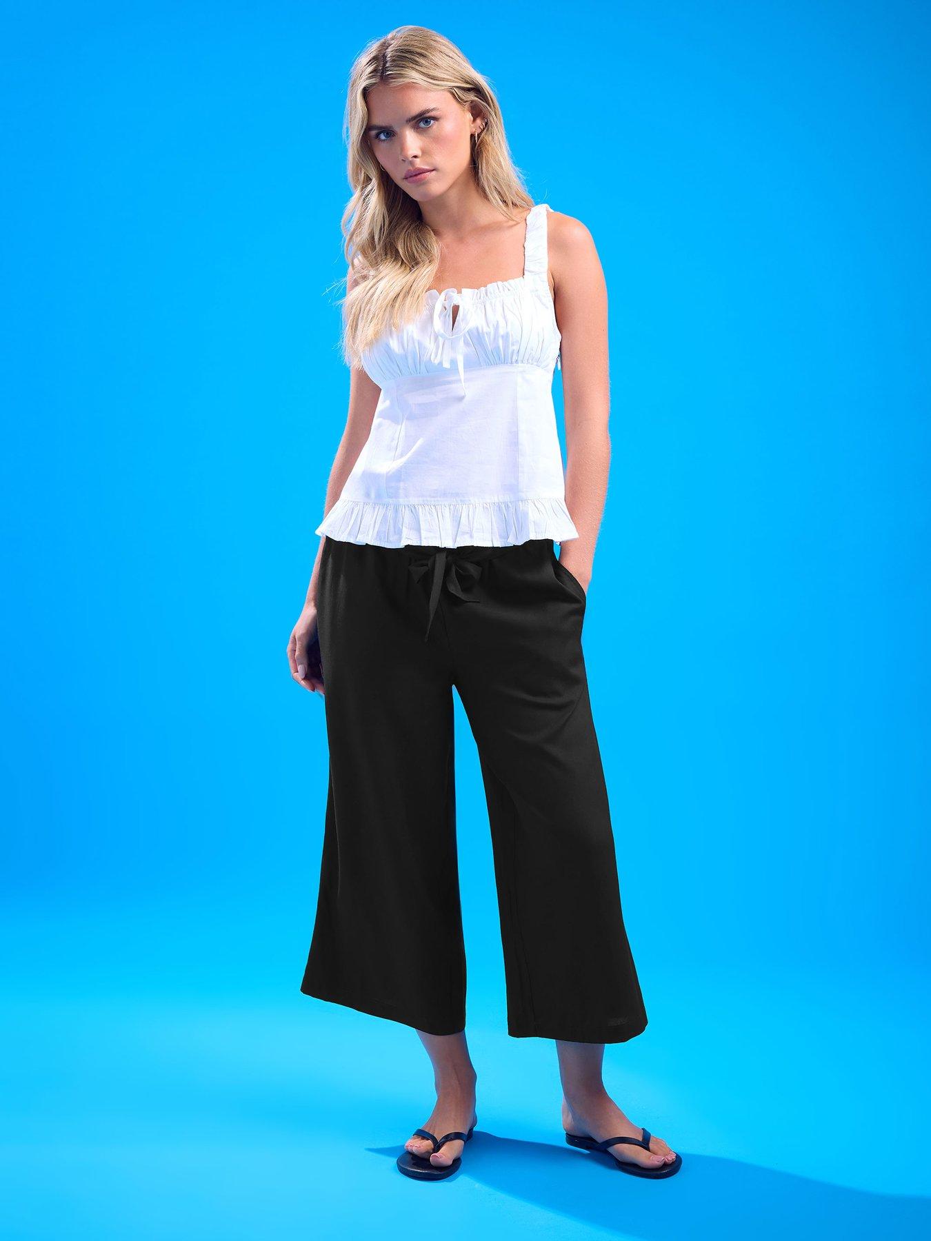 Image 3 of 5 of PixieGirl Petite Tie Belt Crop Wide Leg Trousers - Black