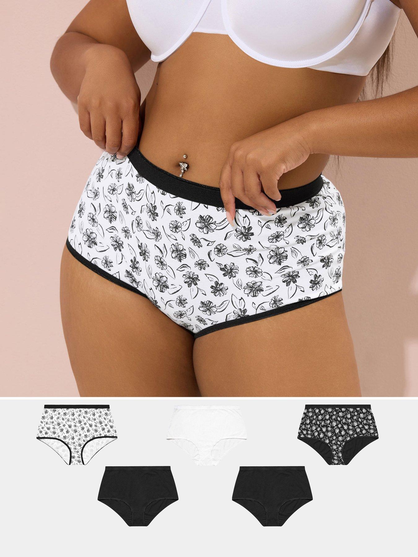 Image 1 of 6 of Yours Curve 5 Pack Mono Floral Full Briefs - Black
