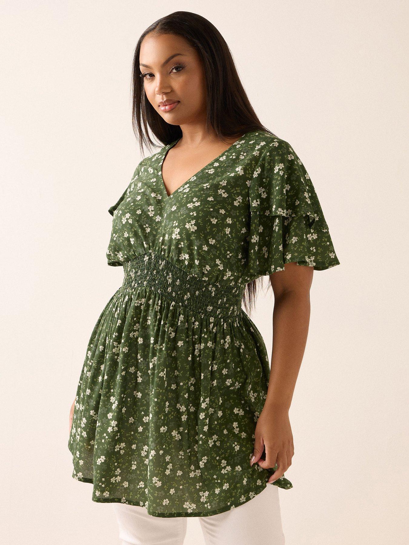 Yours Curve Flutter Sleeve Top - Green