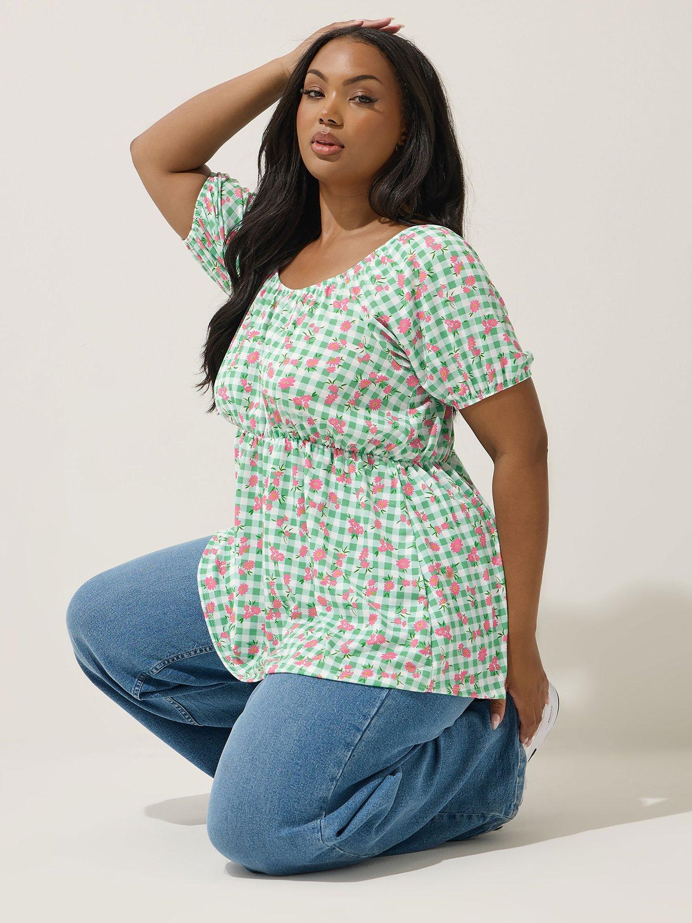 undefined Curve Floral Gingham Bardot Top - Green