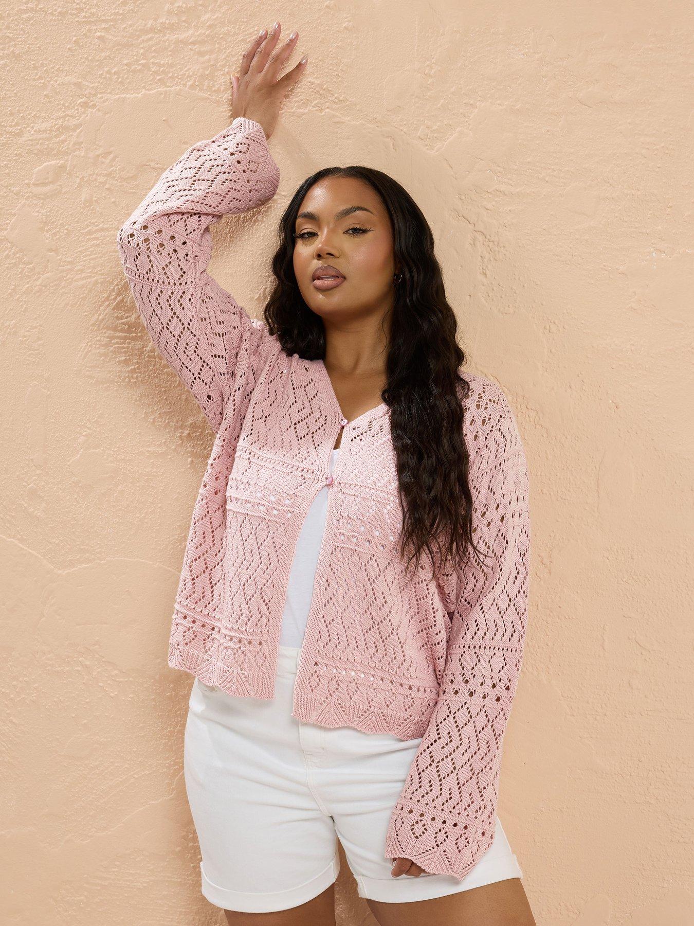 Image of Yours Curve Button Thru Crochet Cardigan - Pink