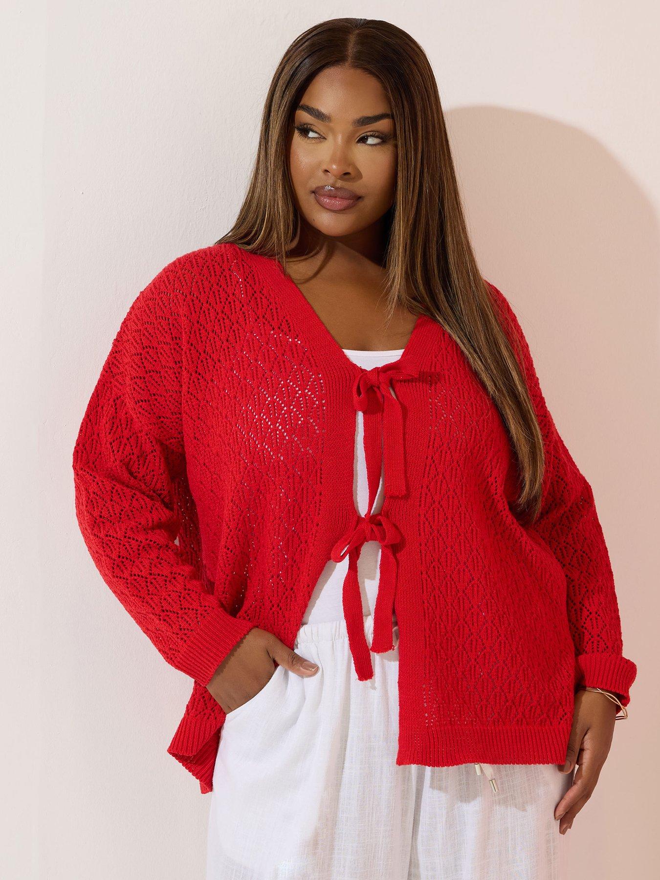 undefined Curve Crochet Bow Tie Front Cardigan - Red