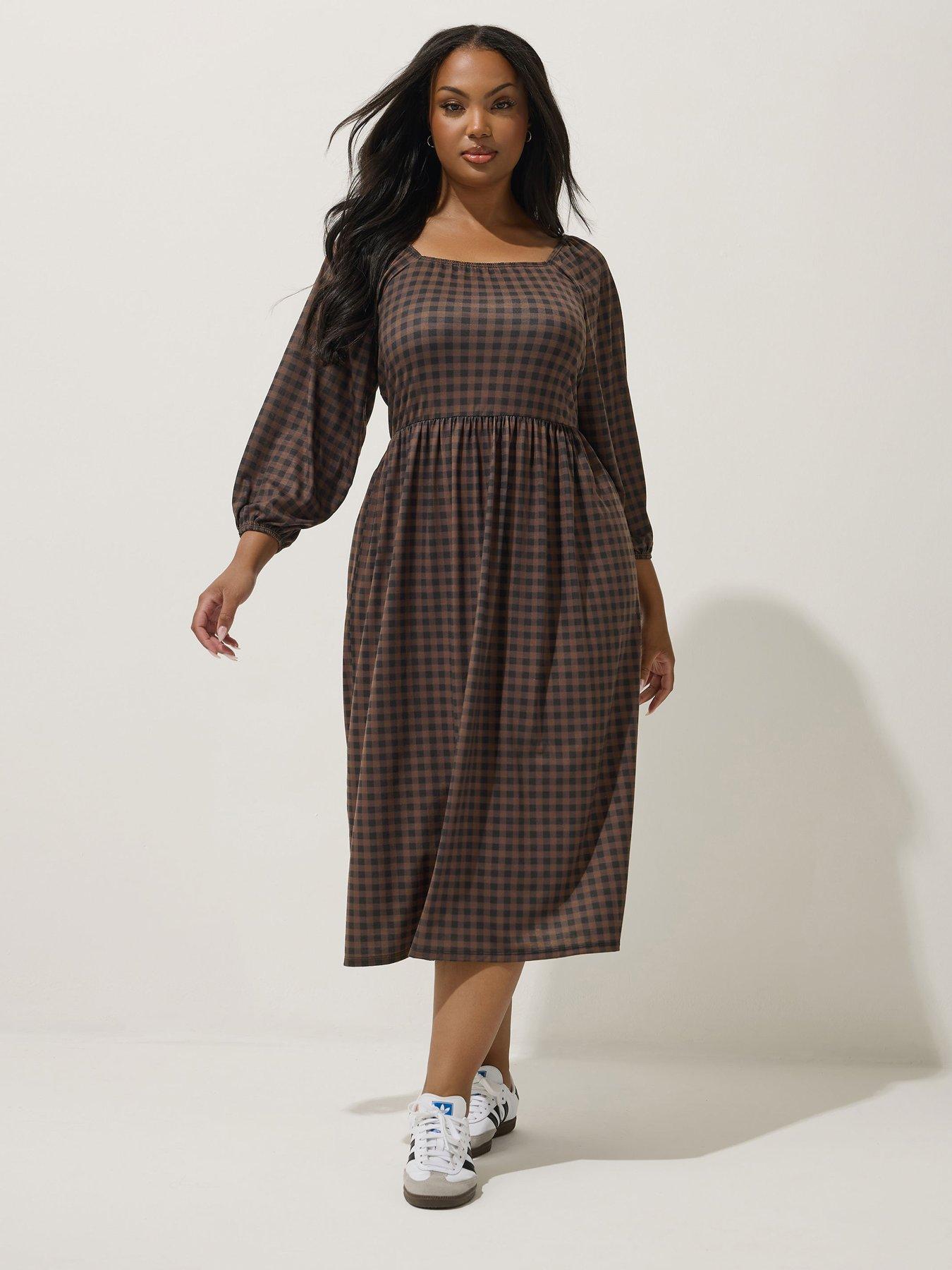 undefined Curve Puff Quater Sleeve Gingham Dress