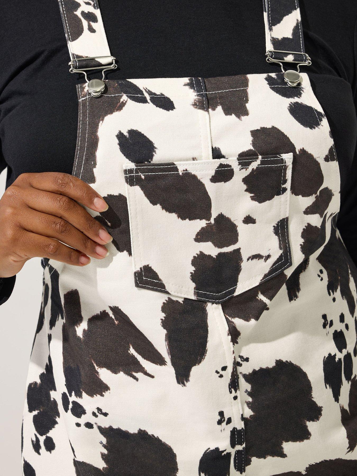 Image 4 of 5 of Yours Curve Cow Denim Pinafore&nbsp;Dress&nbsp;- White
