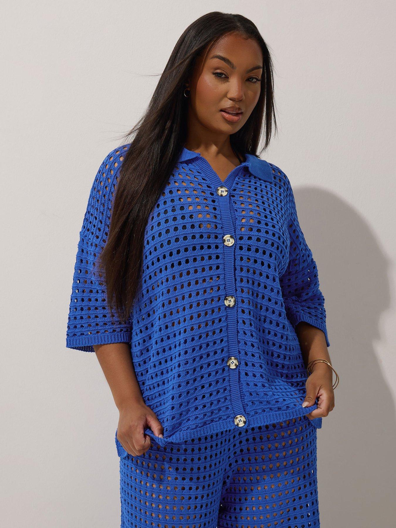 Image of Yours Curve Button Down Crochet Shirt - Blue