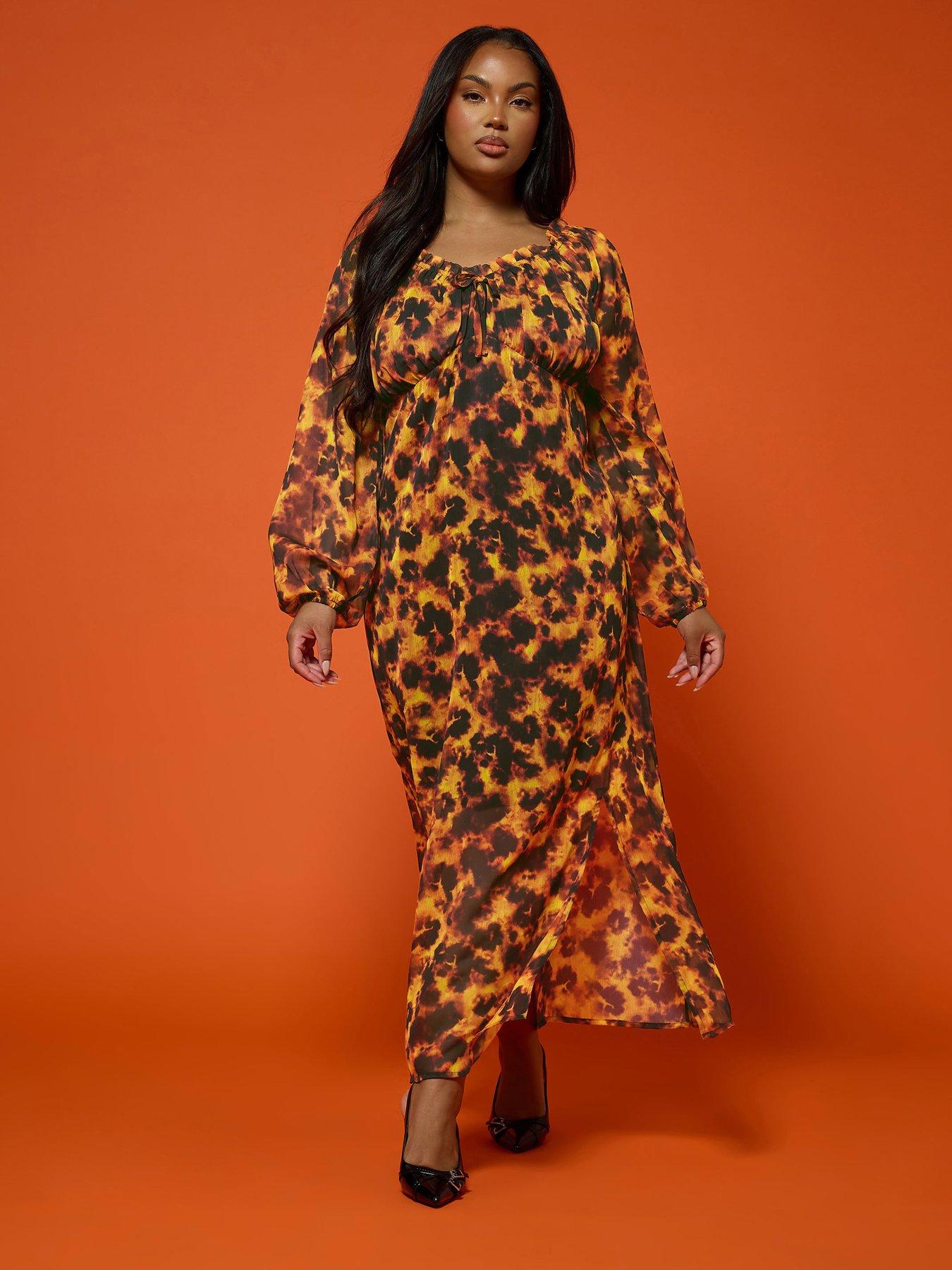 undefined Curve Tortoise Ruffle Dress - Orange