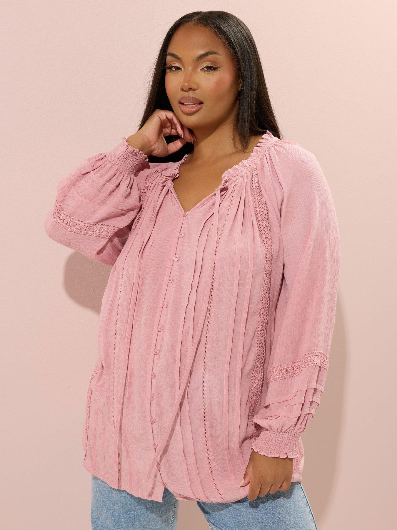 Image 1 of 5 of Yours Curve Long Sleeve Pintuck Gypsy Top - Pink