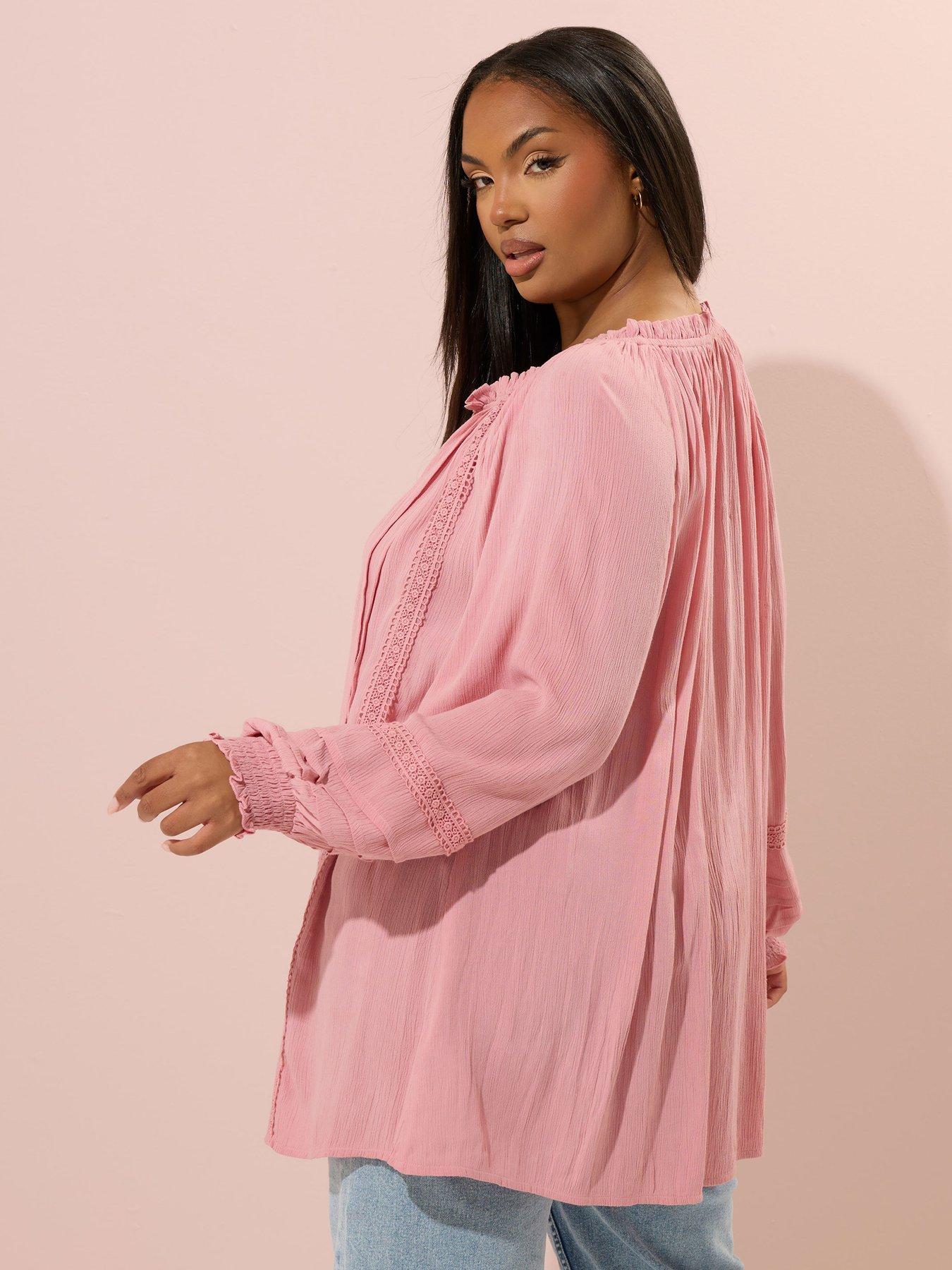 Image 2 of 5 of Yours Curve Long Sleeve Pintuck Gypsy Top - Pink