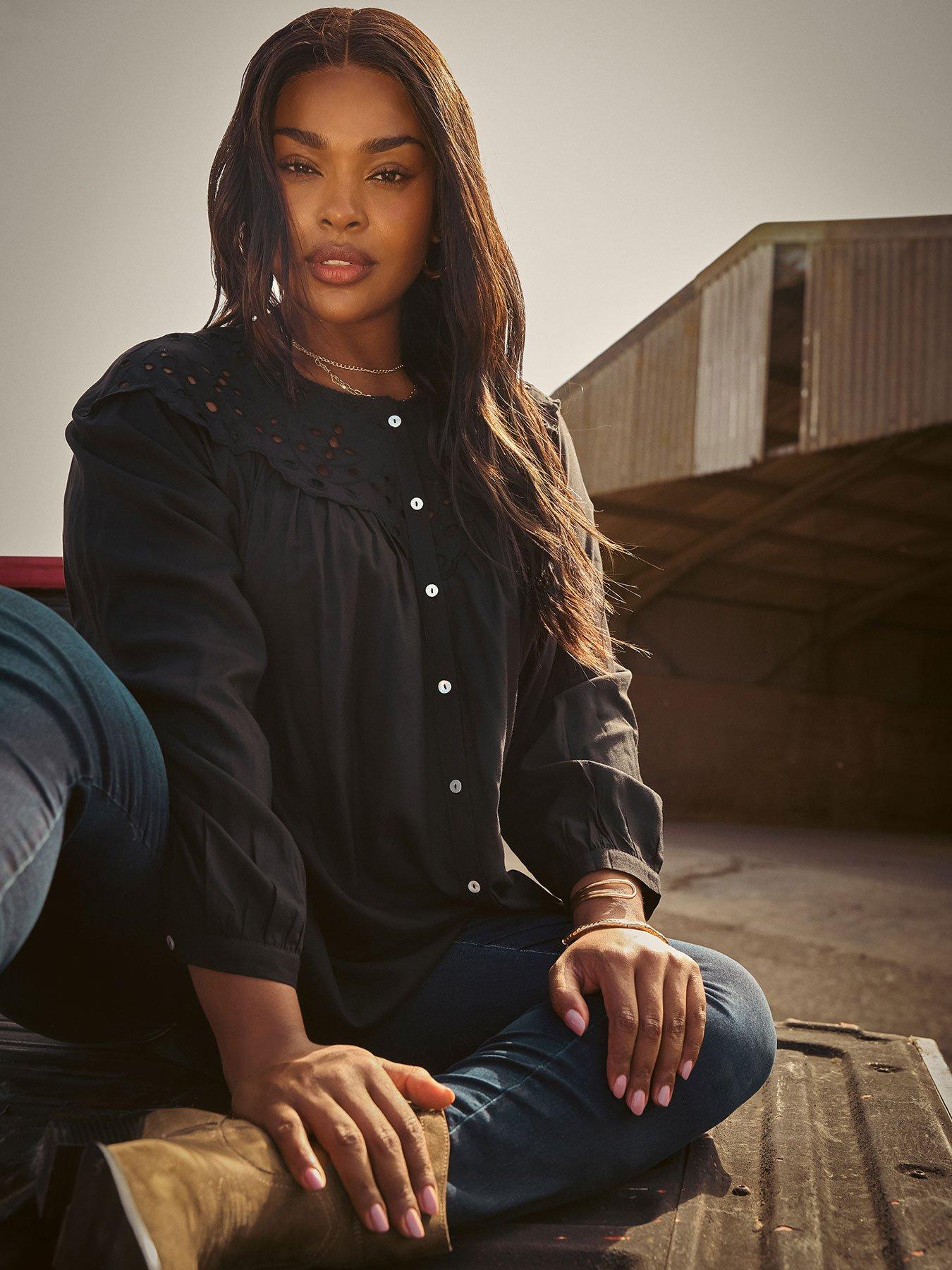 Yours Curve Broderie Panel Blouse - Black